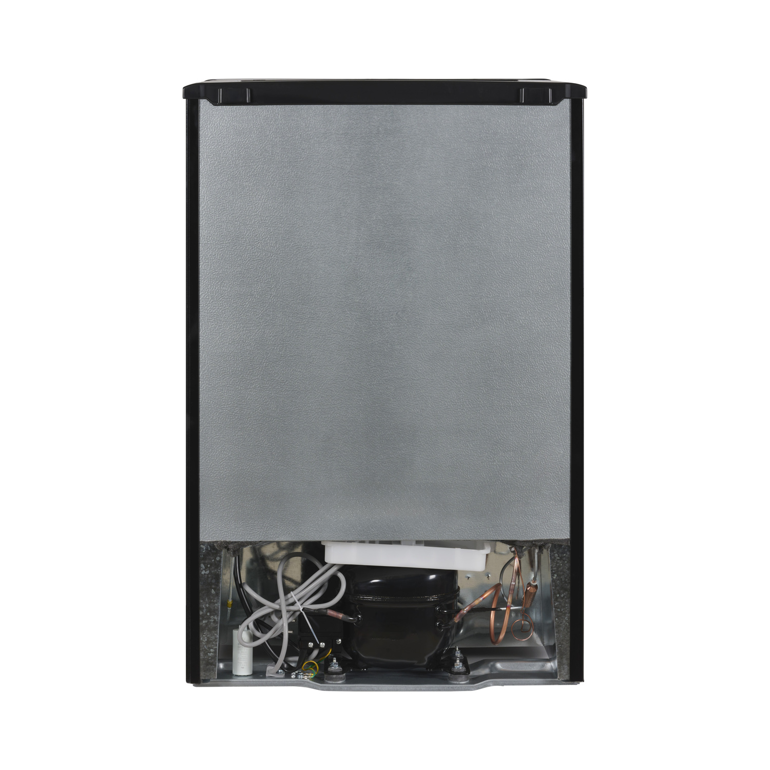 Back of a refrigerator with open panels, revealing internal components. Black and gray color.