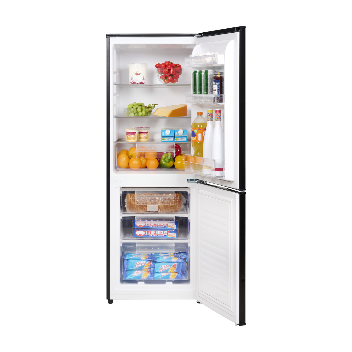 Open fridge with various food items: vegetables, fruit, and drinks in the upper and lower part.