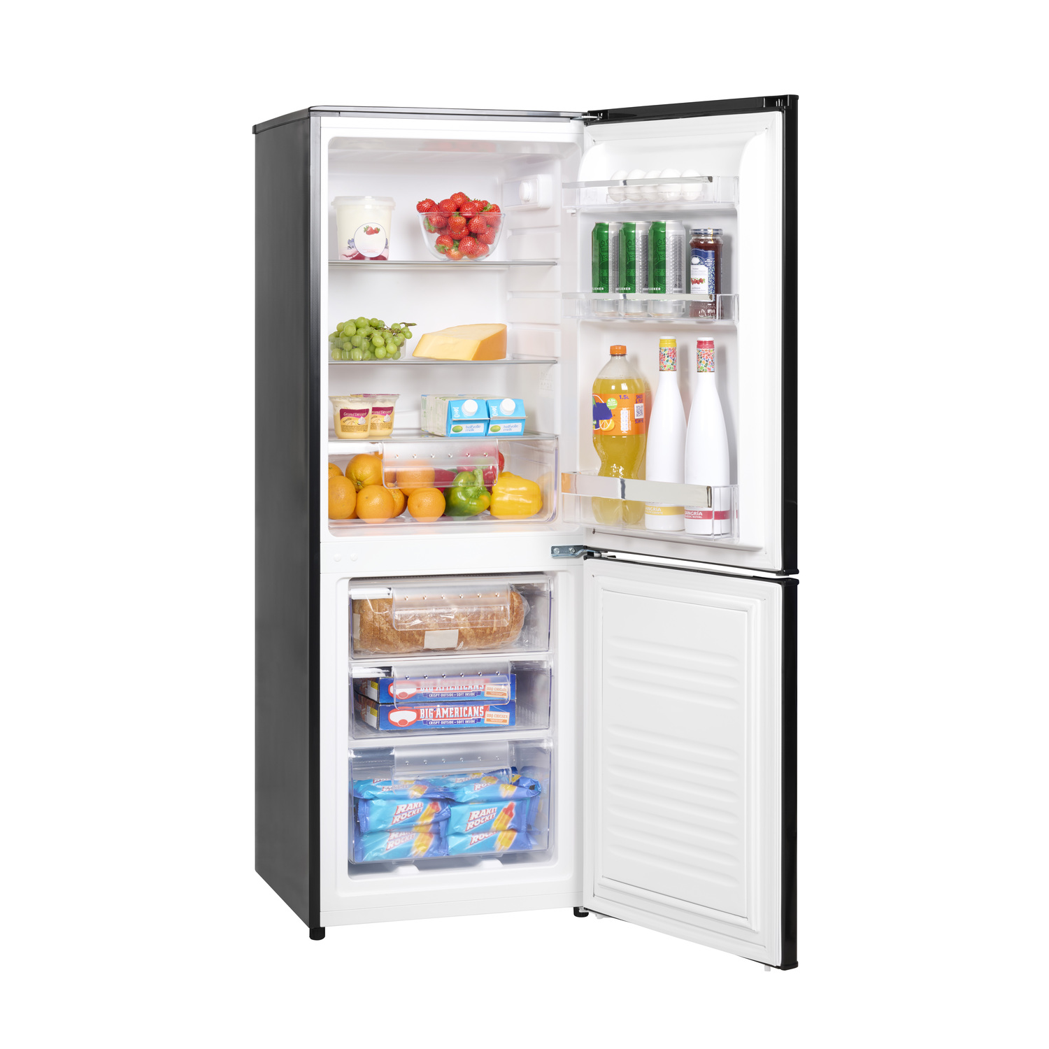 Open refrigerator with fruits, drinks and various food items.