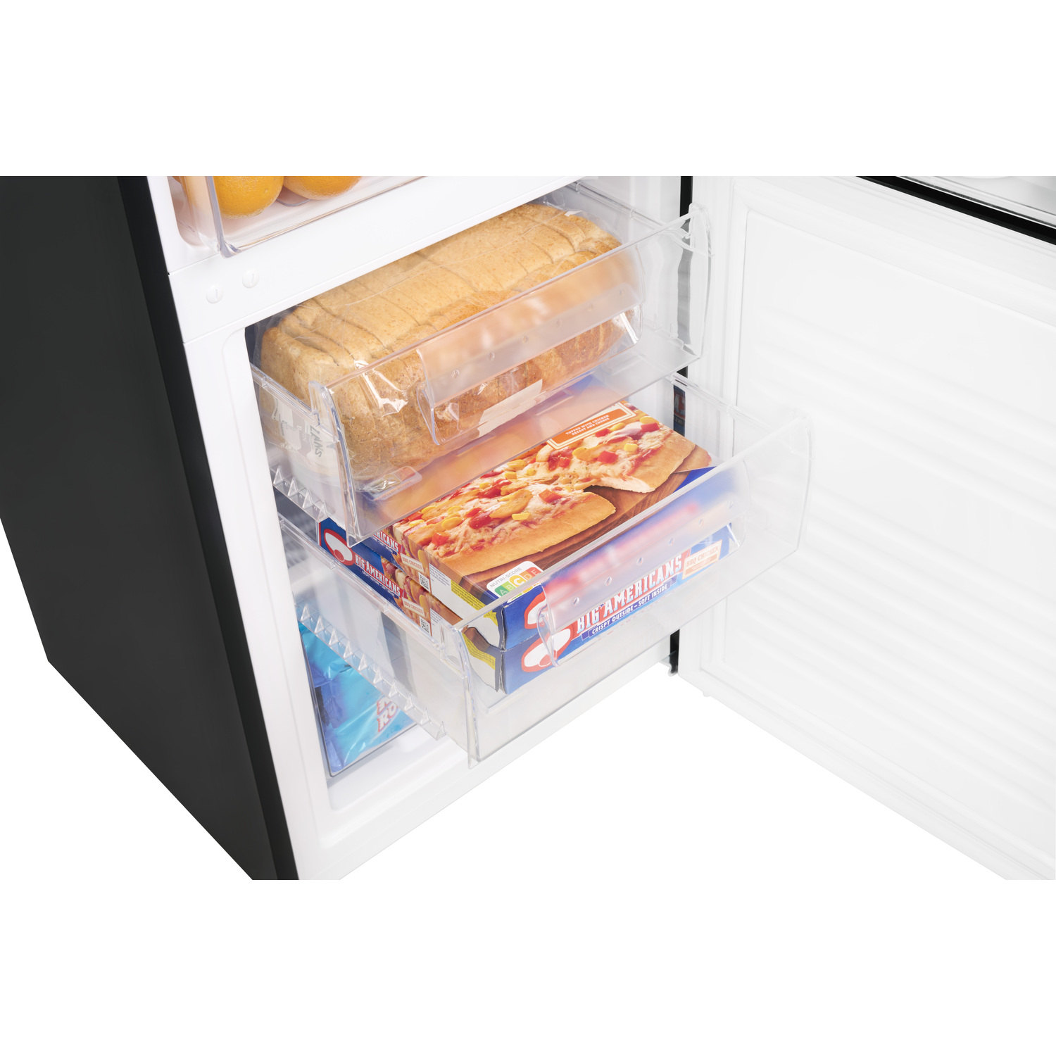 Refrigerator interior with pizza and bread. Open door, black side.