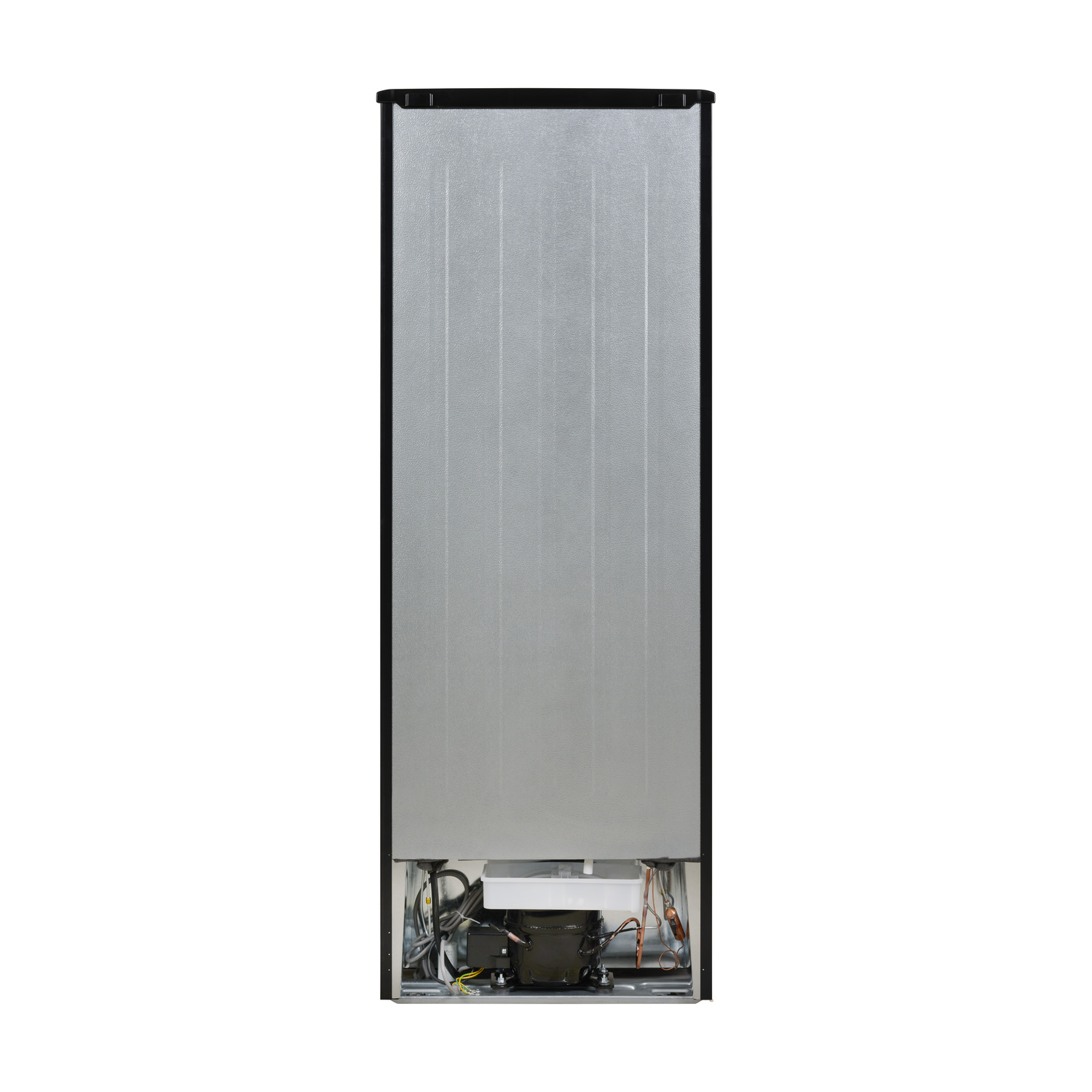 Back of a black refrigerator. The back panel shows the compressor, wiring, and other components.