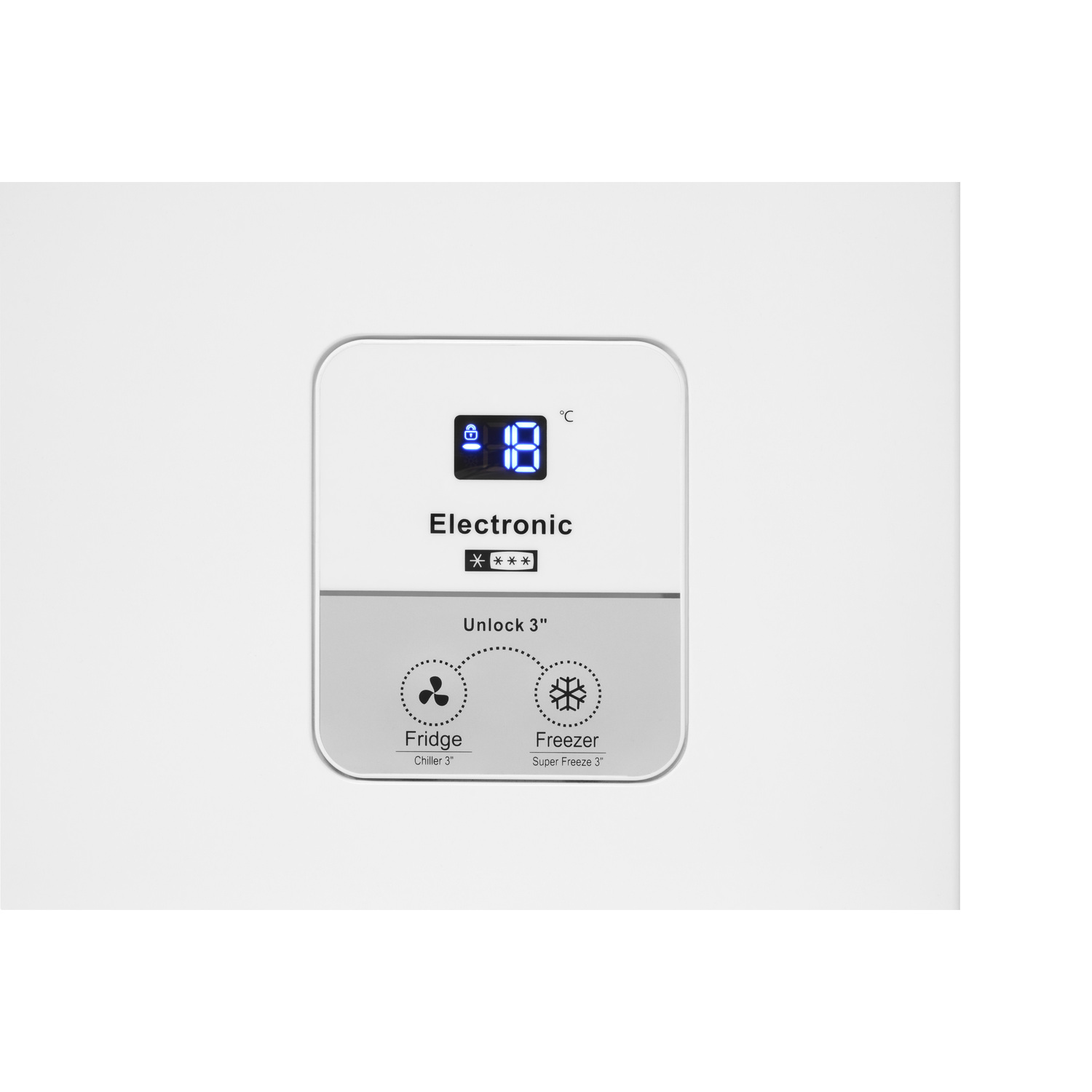 Un panneau de contrôle blanc avec un affichage numérique indiquant -18 degrés Celsius.