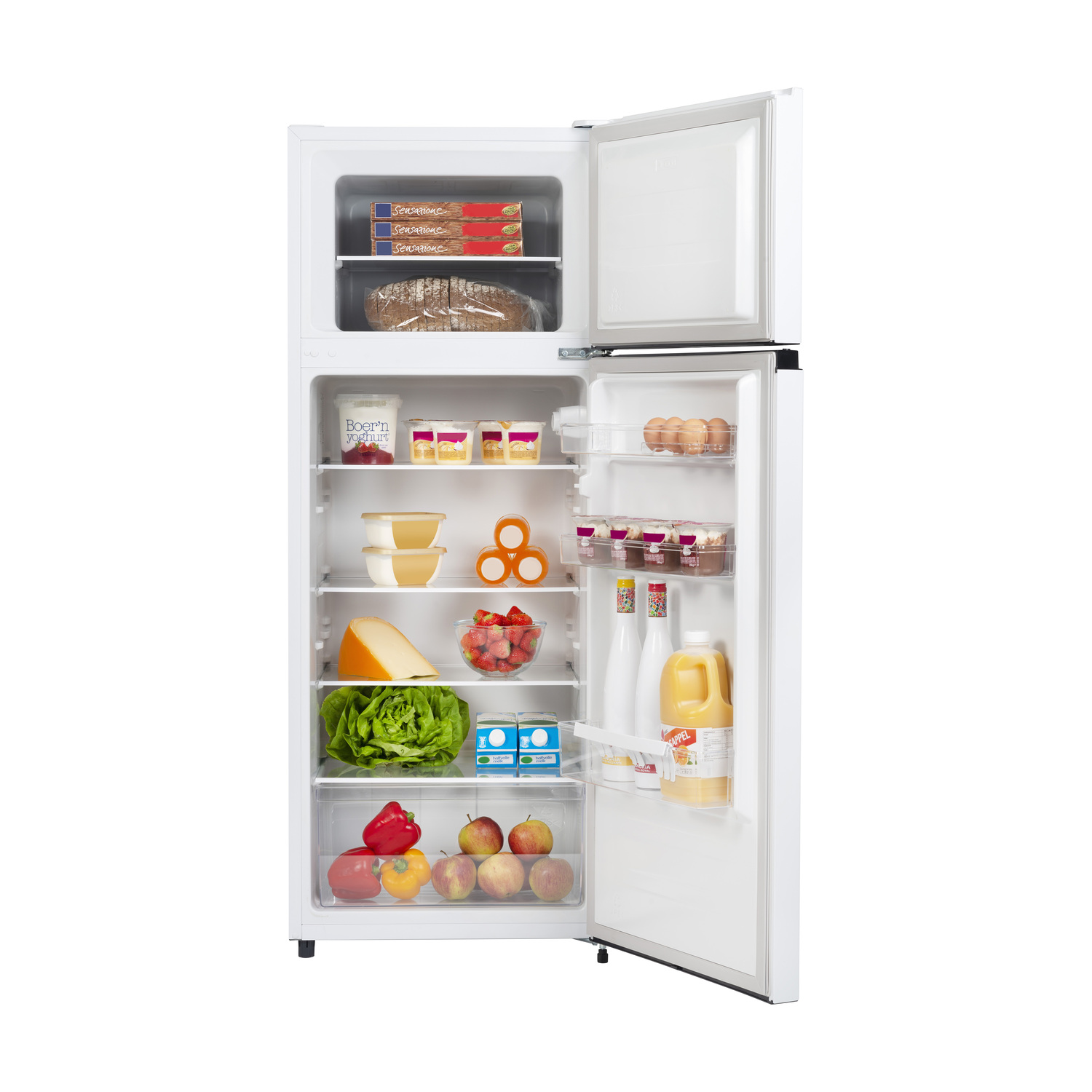 Open refrigerator with food items. Top freezer section and bottom fridge.