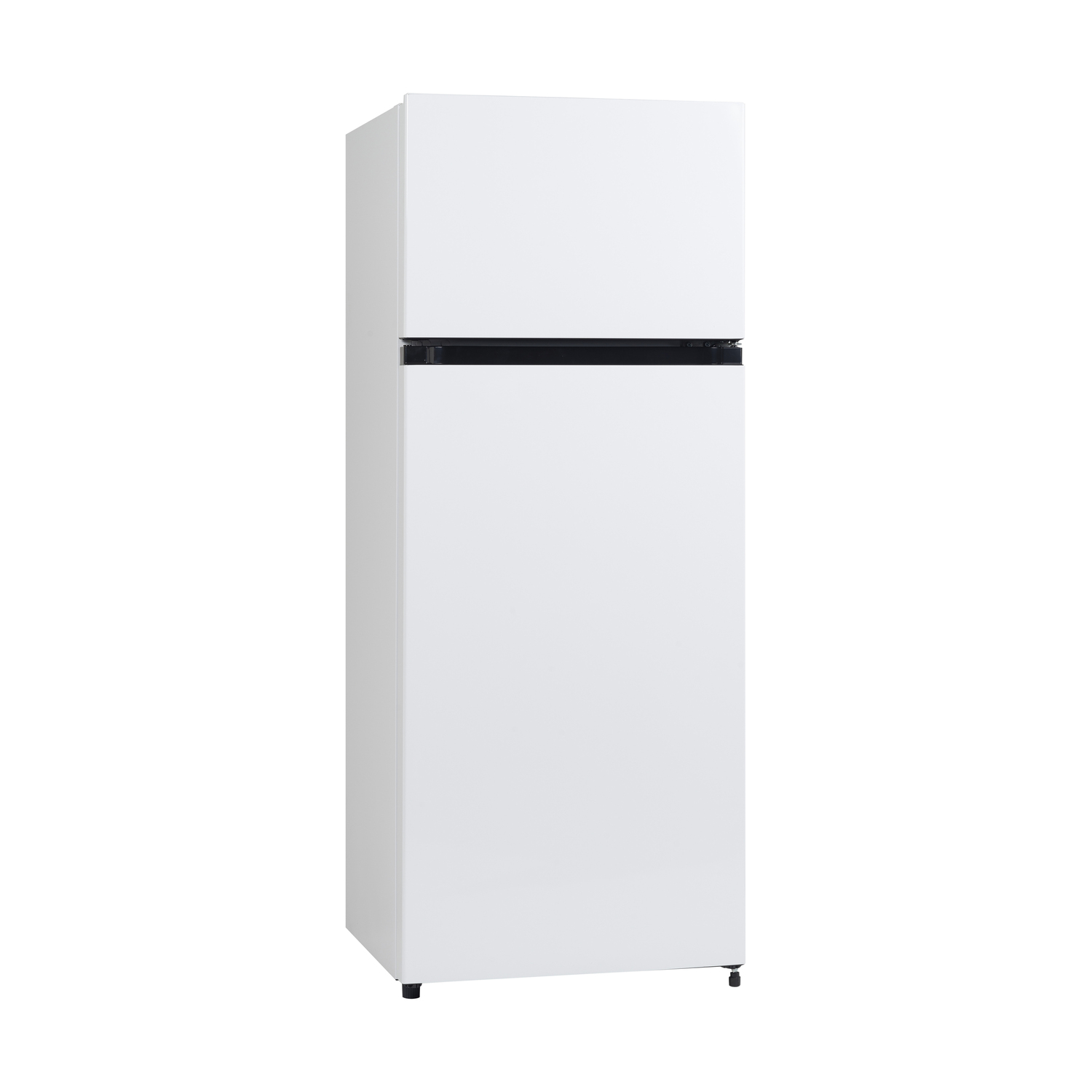 White refrigerator with black accents. Closed doors.