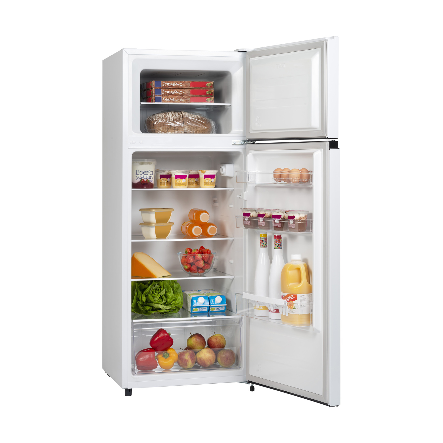 White refrigerator with open doors. Full of food, including vegetables, eggs, juice, and prepared meals.