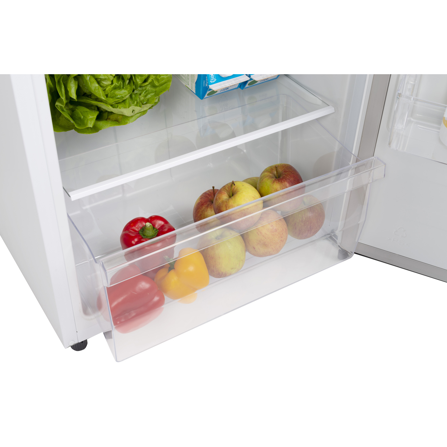 Refrigerator drawer filled with red and yellow bell peppers and apples.