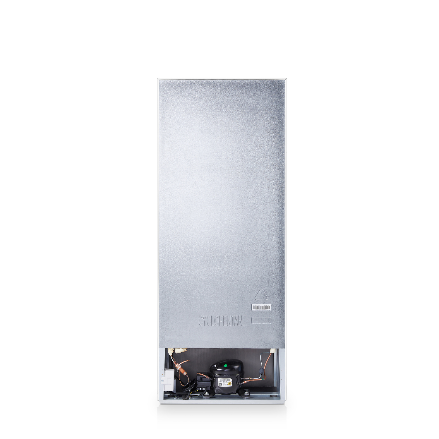 Back of a white refrigerator. It includes the compressor and other mechanical components.