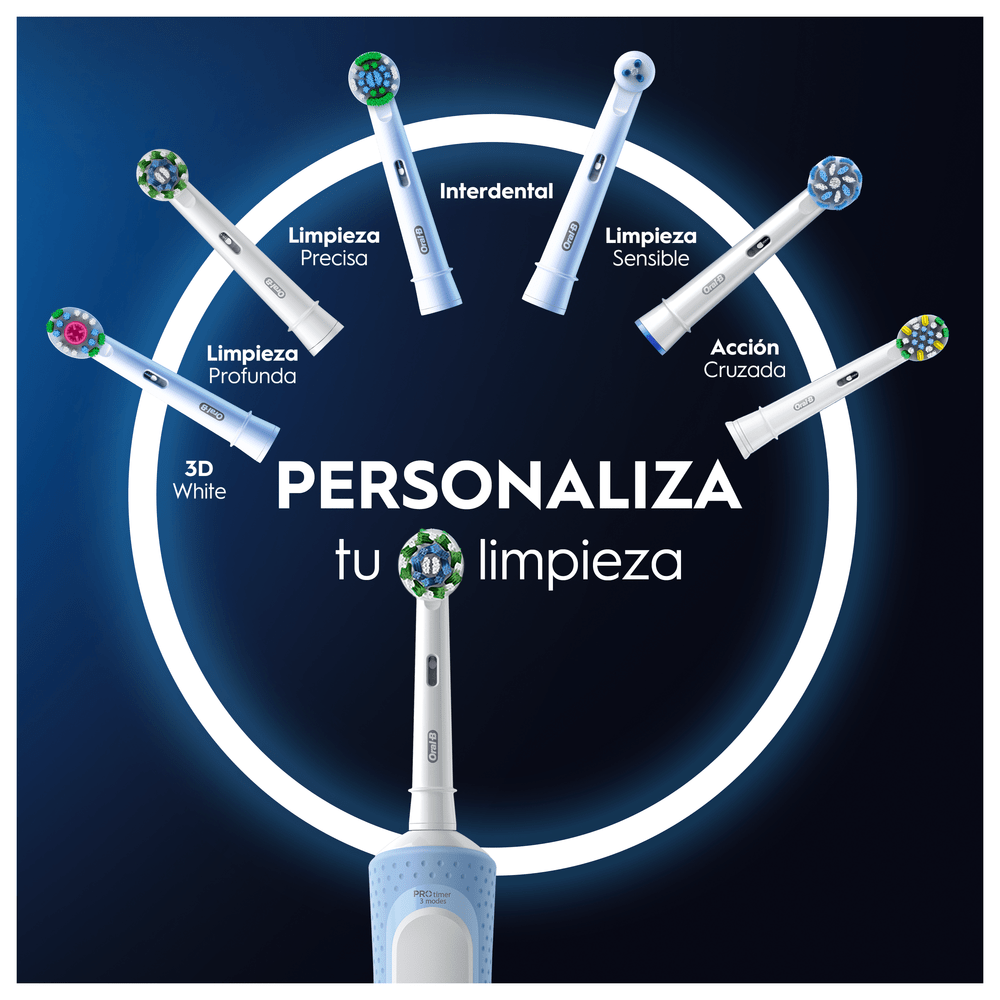 Un cepillo de dientes eléctrico con diferentes cabezales dispuestos alrededor.