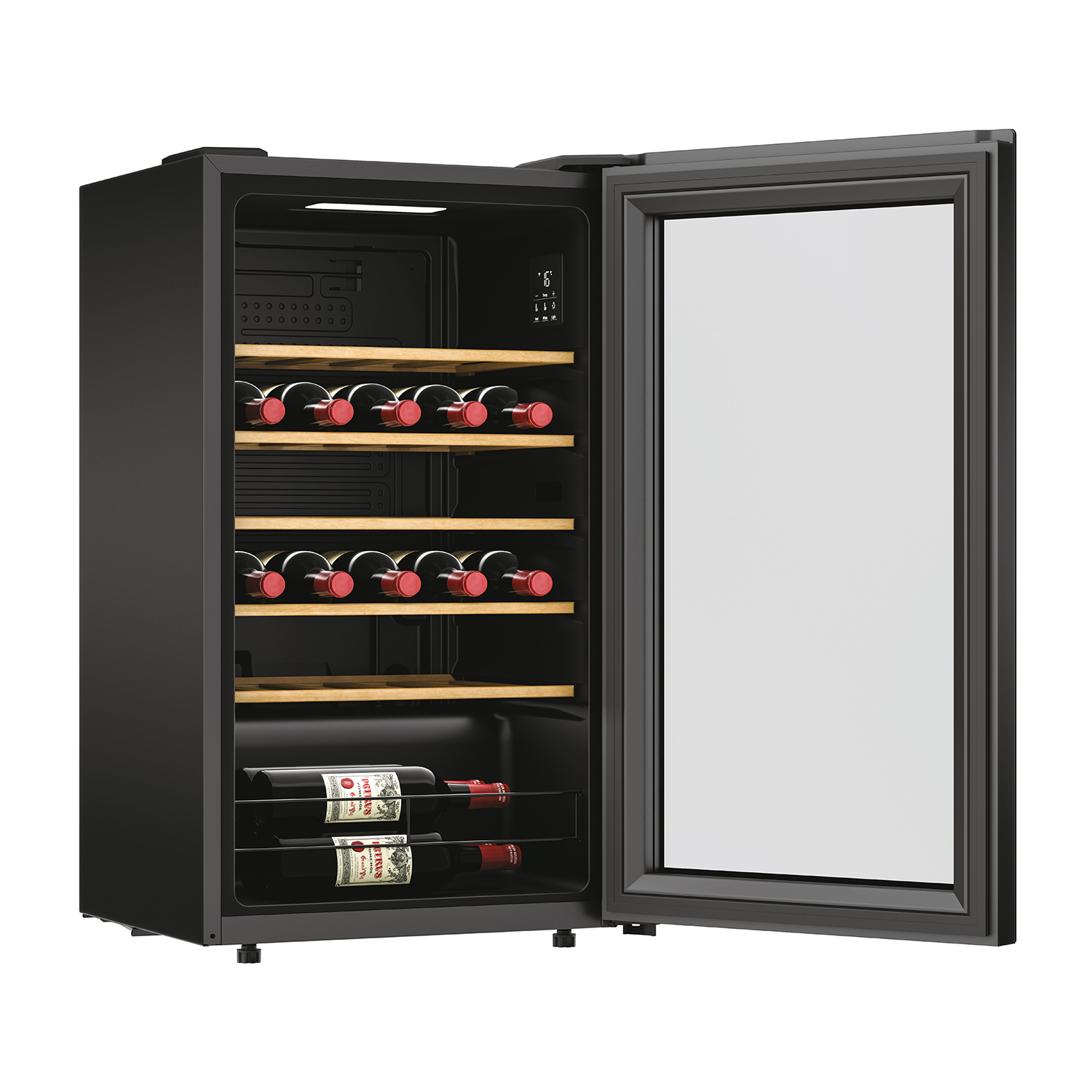 Cantinetta nera con porta a vetro aperta. Bottiglie di vino visibili all'interno.