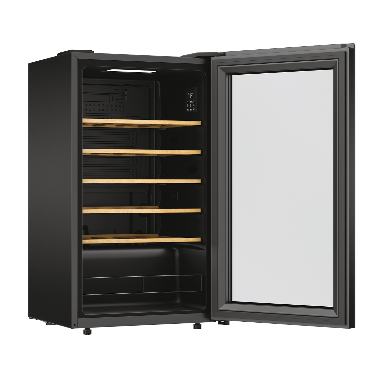 Cantinetta nera con porta aperta. All'interno: ripiani in legno e luce interna.