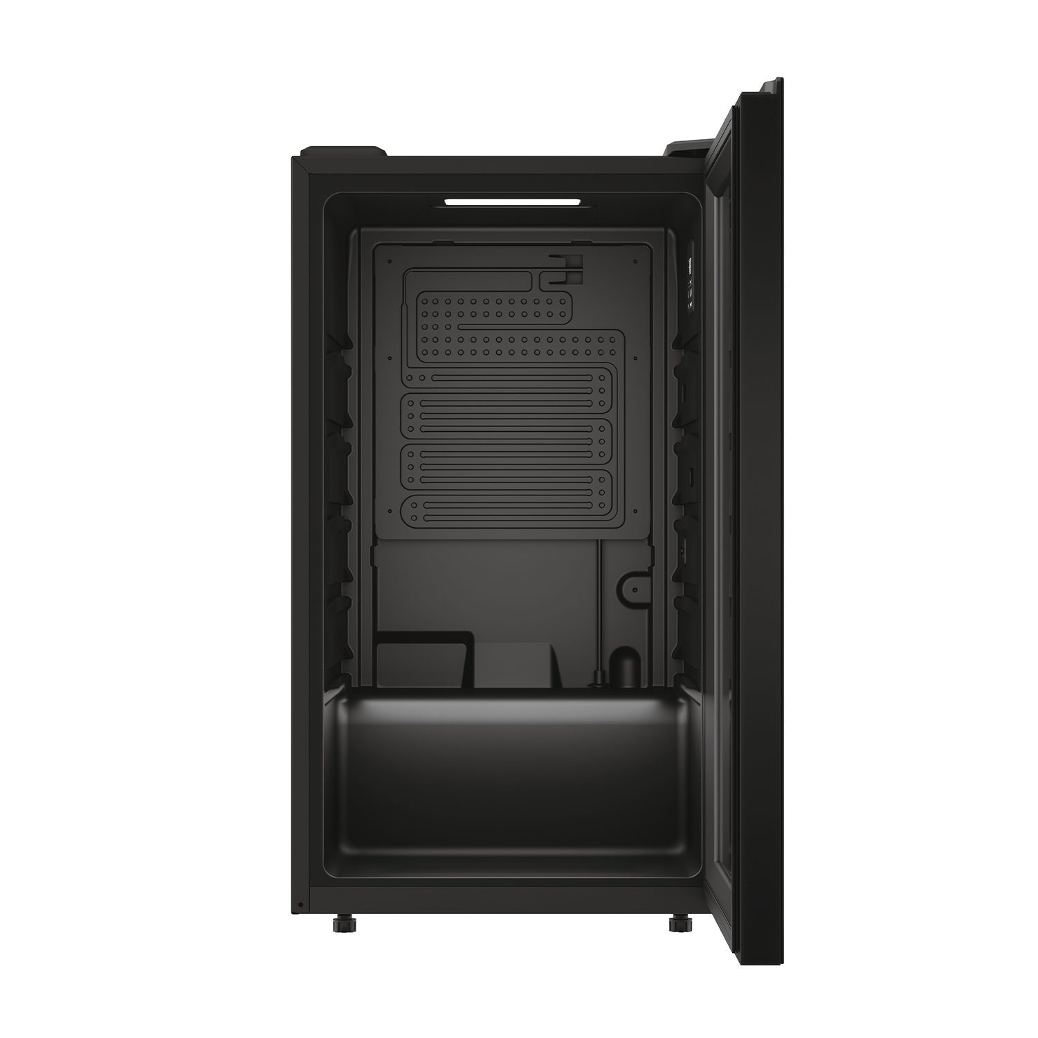 Interno di frigorifero nero con ripiani e un cassetto. La porta è aperta.