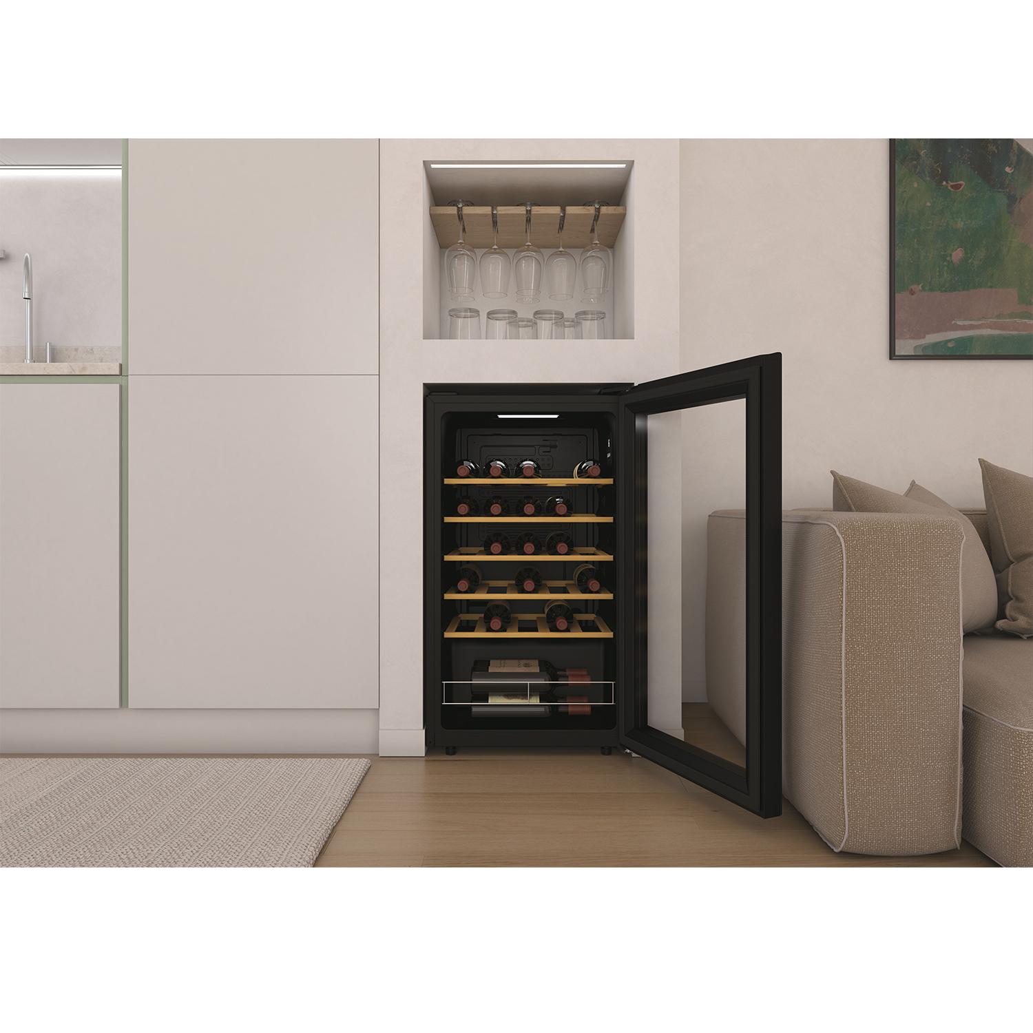Un frigorifero per vino ad incasso con la porta aperta, pieno di bottiglie di vino.
