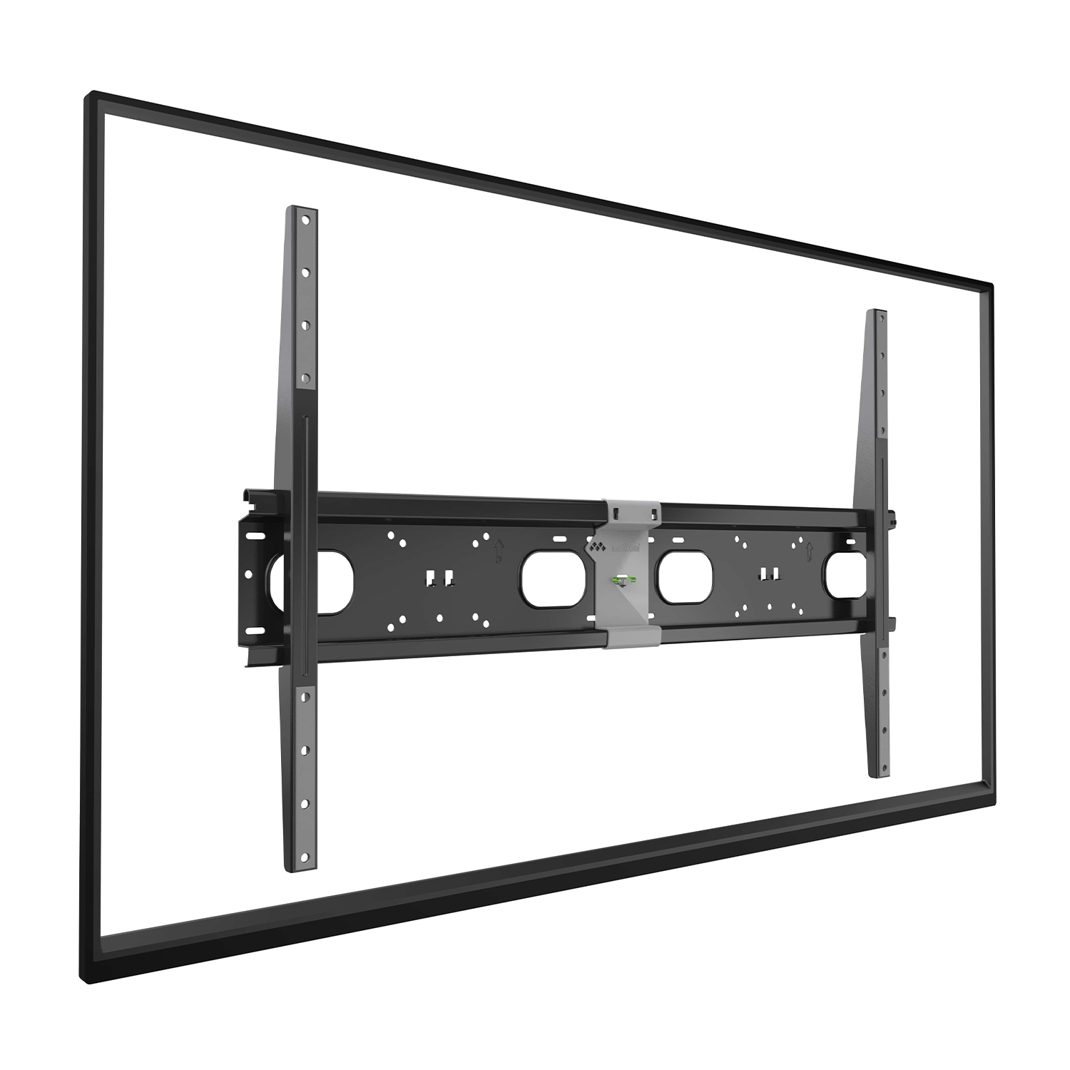 Cornice nera con supporto TV installato. Il supporto è grigio e ha bracci regolabili.