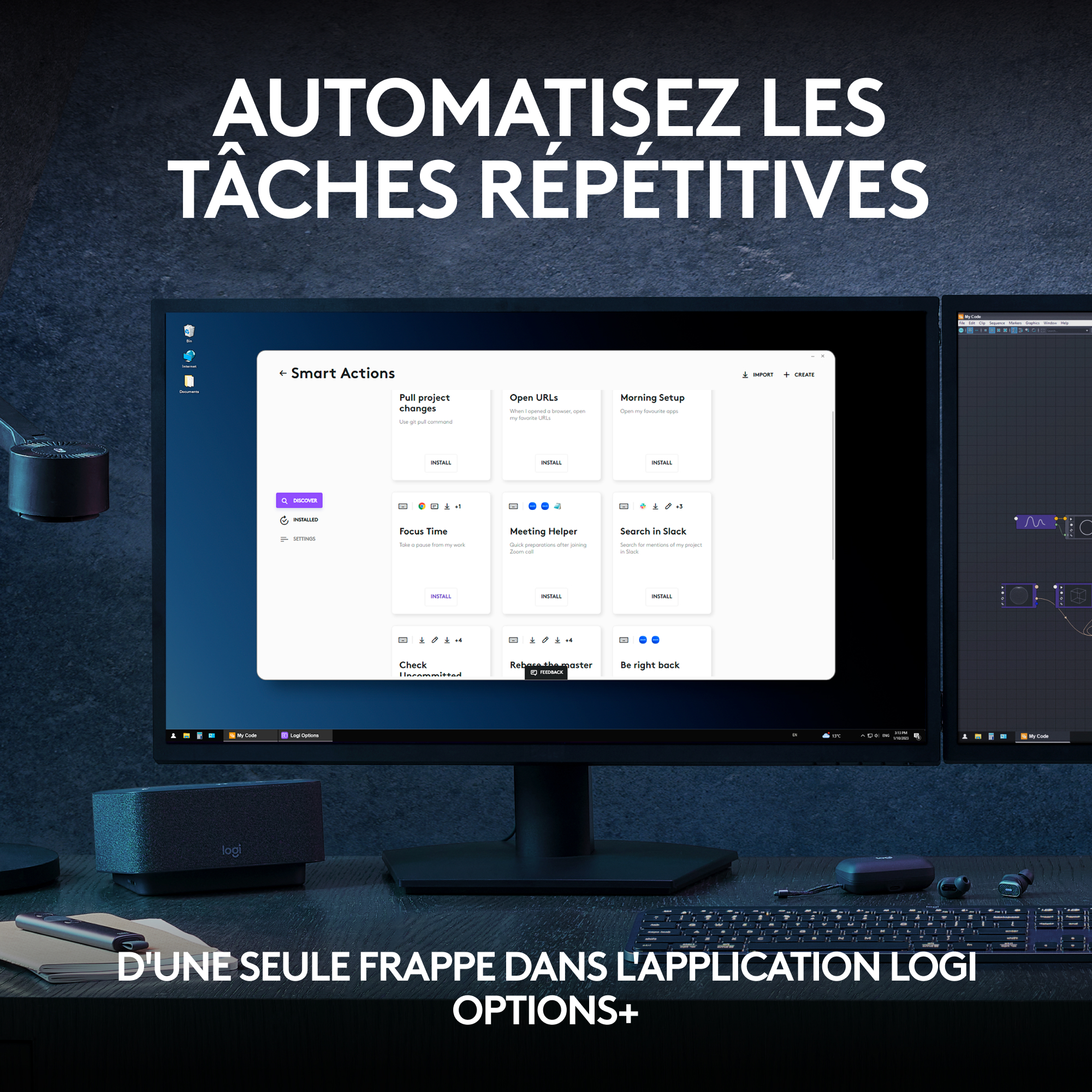 Configuration de bureau avec le texte 'AUTOMATISEZ LES TÂCHES RÉPÉTITIVES' et l'interface de l'application.