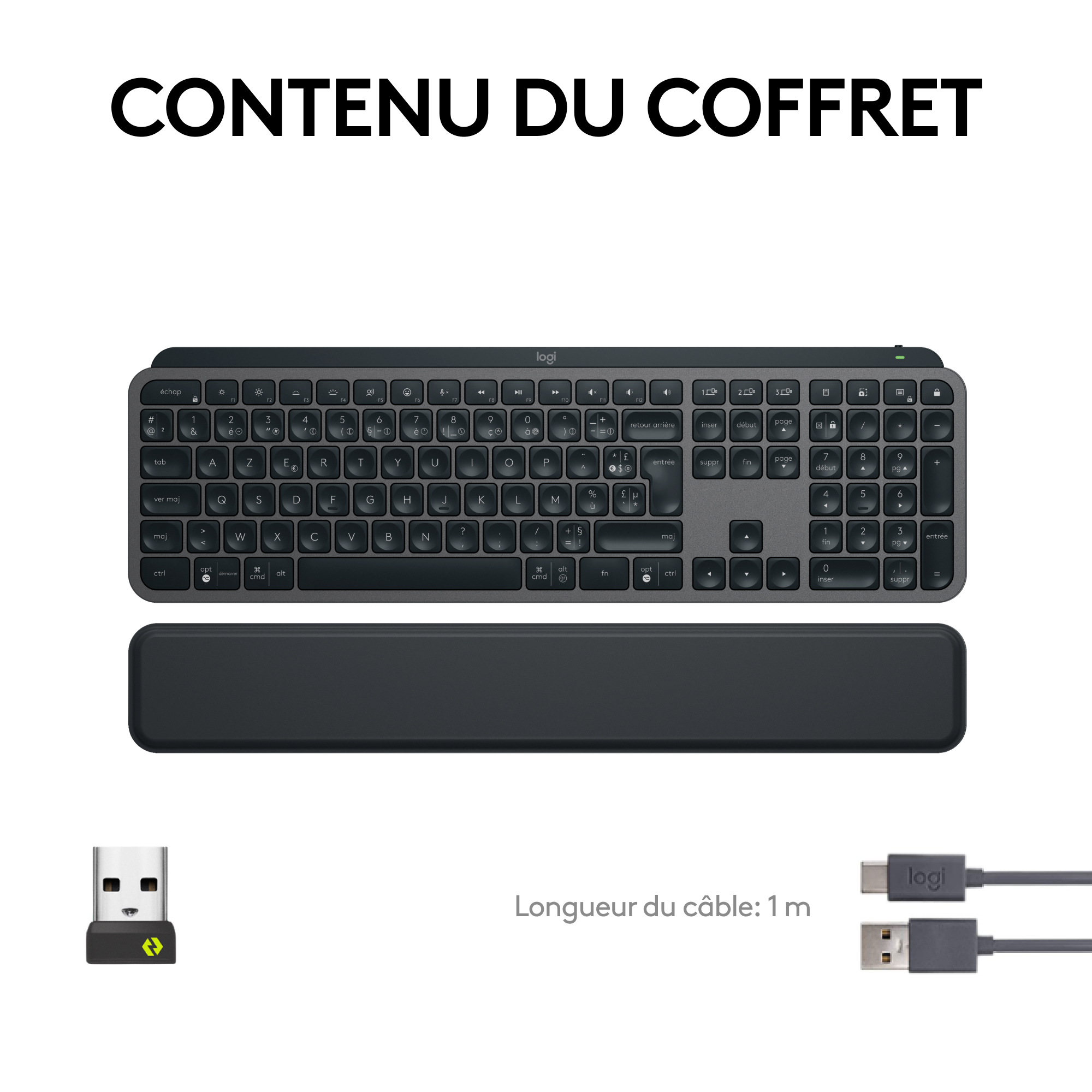 Un clavier, un repose-poignet, un récepteur USB et un câble USB-C avec le logo logi.