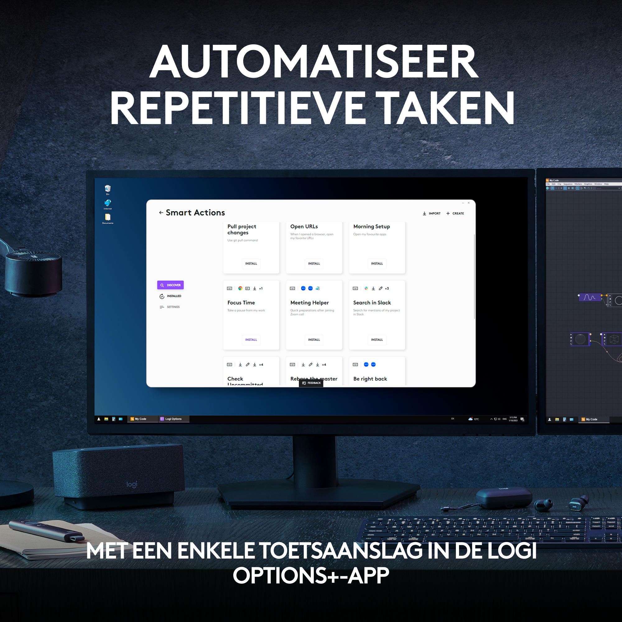 Desktop met twee monitoren, toetsenbord en luidsprekers. Smart actions-iconen op het scherm.