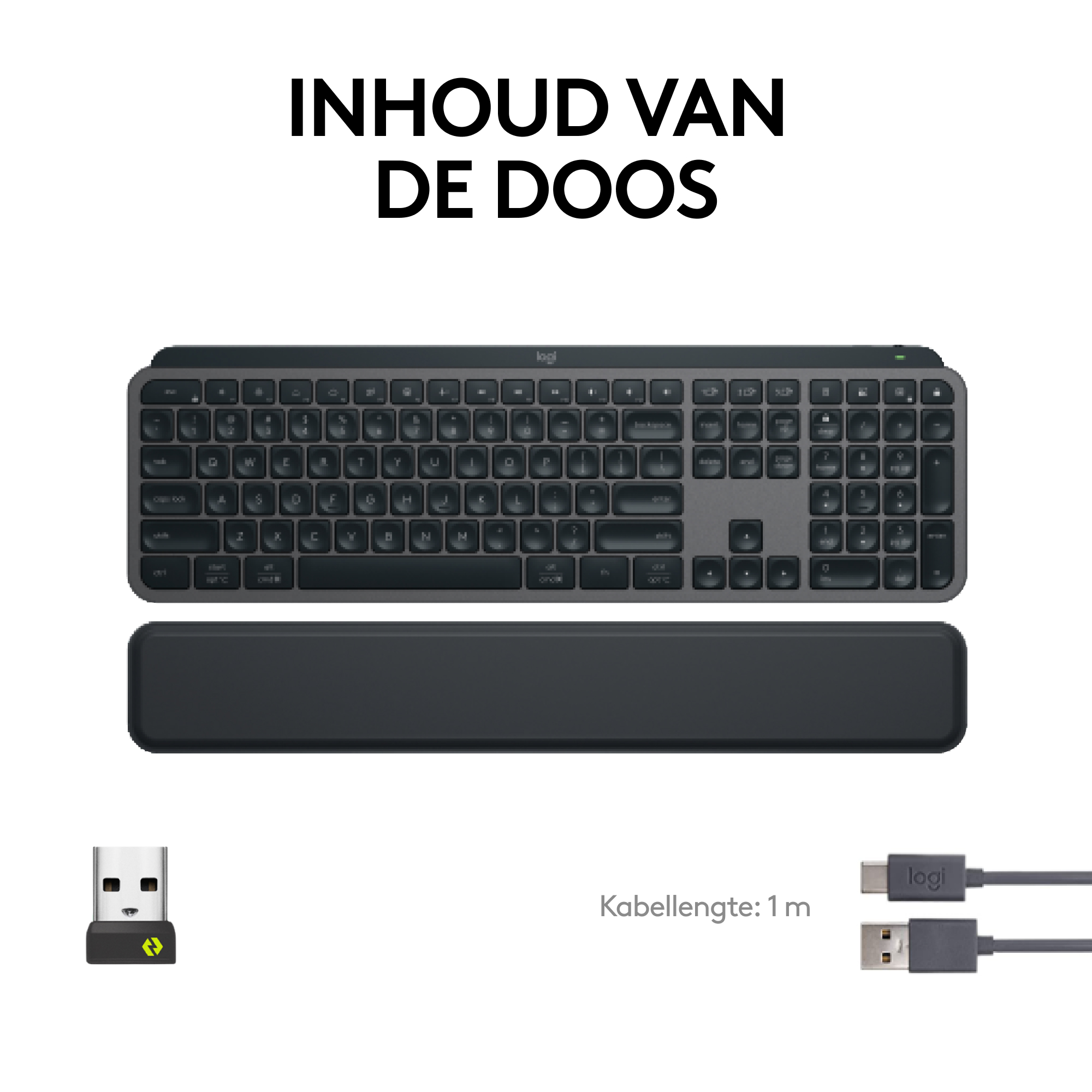 Een toetsenbord, polssteun, dongle en kabel met connector op een witte achtergrond.