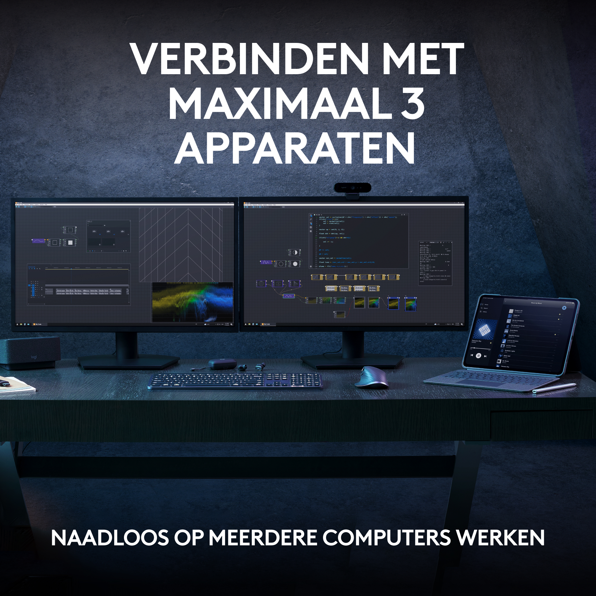 Twee computermonitoren met een tablet, toetsenbord en muis op een bureau. Tekst: 'VERBINDEN MET MAXIMAAL 3 APPARATEN'.