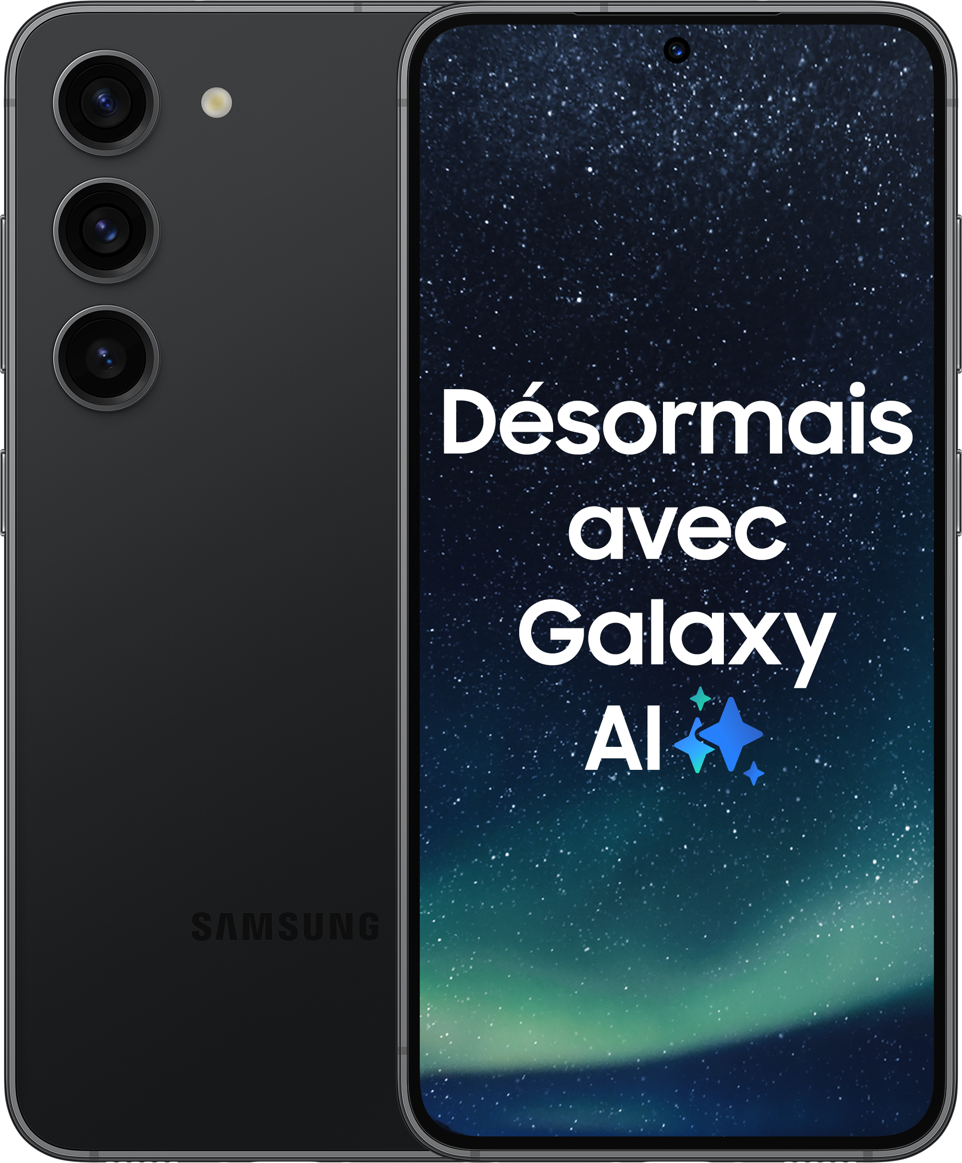 Schwarzes Samsung-Telefon zeigt Text "Galaxy AI".