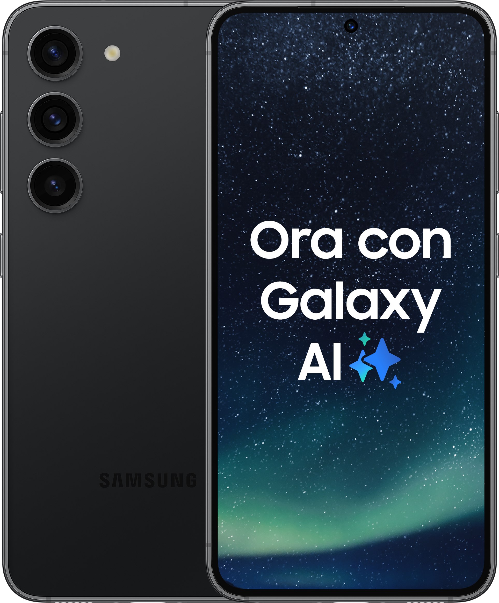 Smartphone mit zwei Bildschirmen, einem schwarzen und einem mit Text: Ora con Galaxy AI, und Samsung-Logo.
