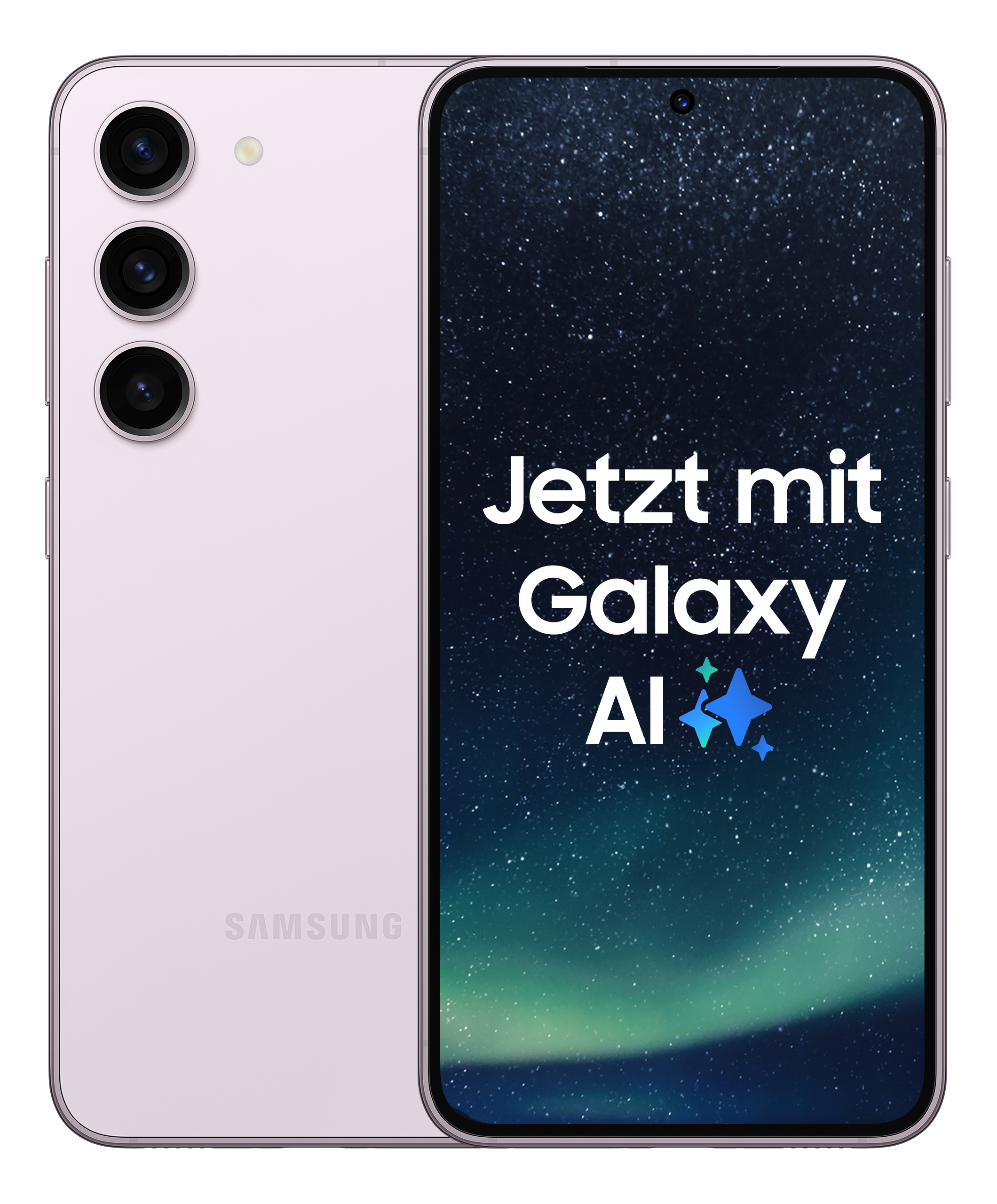Rosa Samsung Telefon. Rückansicht, zeigt Kameras. Vorderansicht zeigt Text: Galaxy AI.