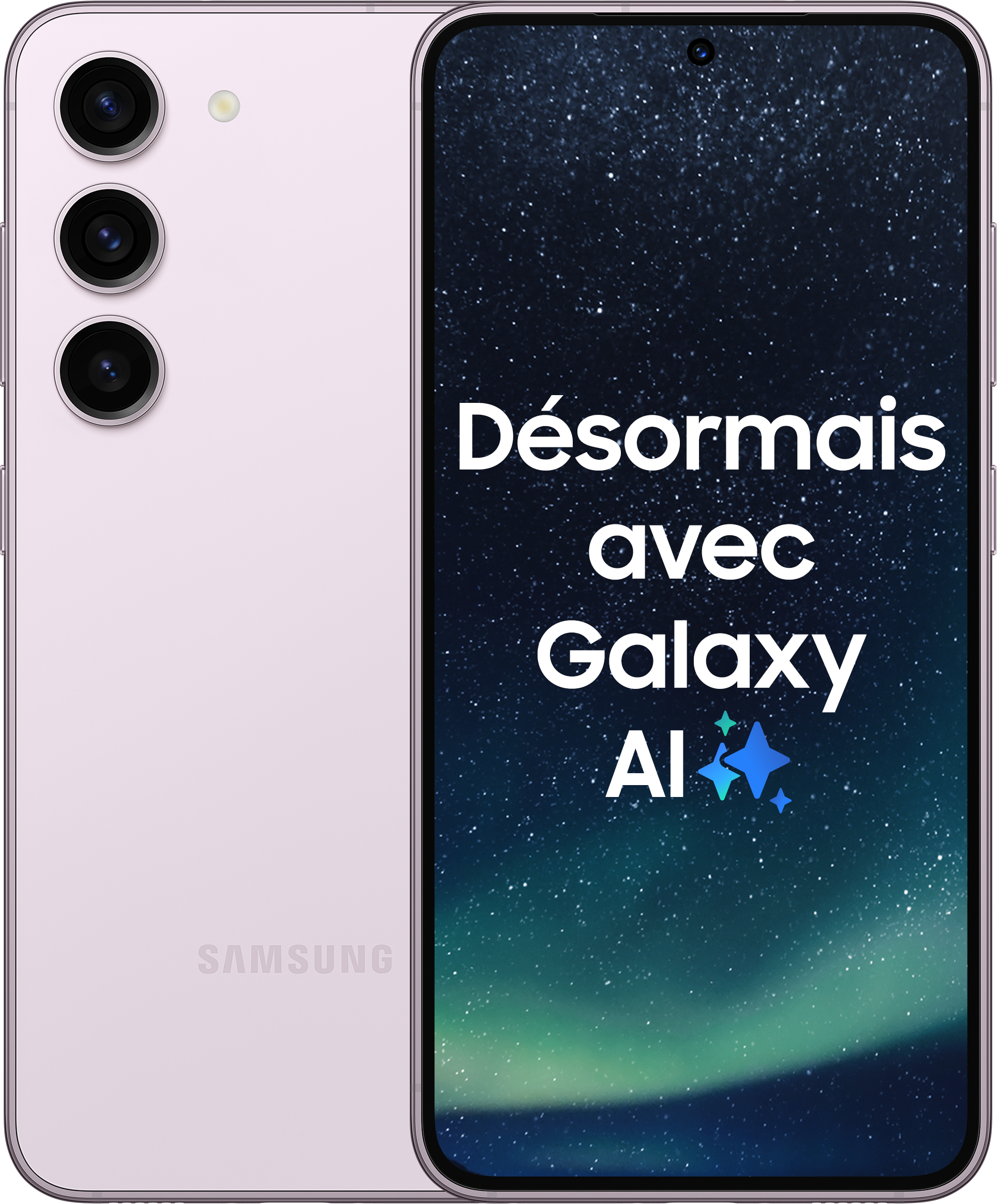 Ein violettes Smartphone zeigt Text. Der Hintergrund ist ein Galaxienbild. Die Rückseite des Telefons hat Kameras.