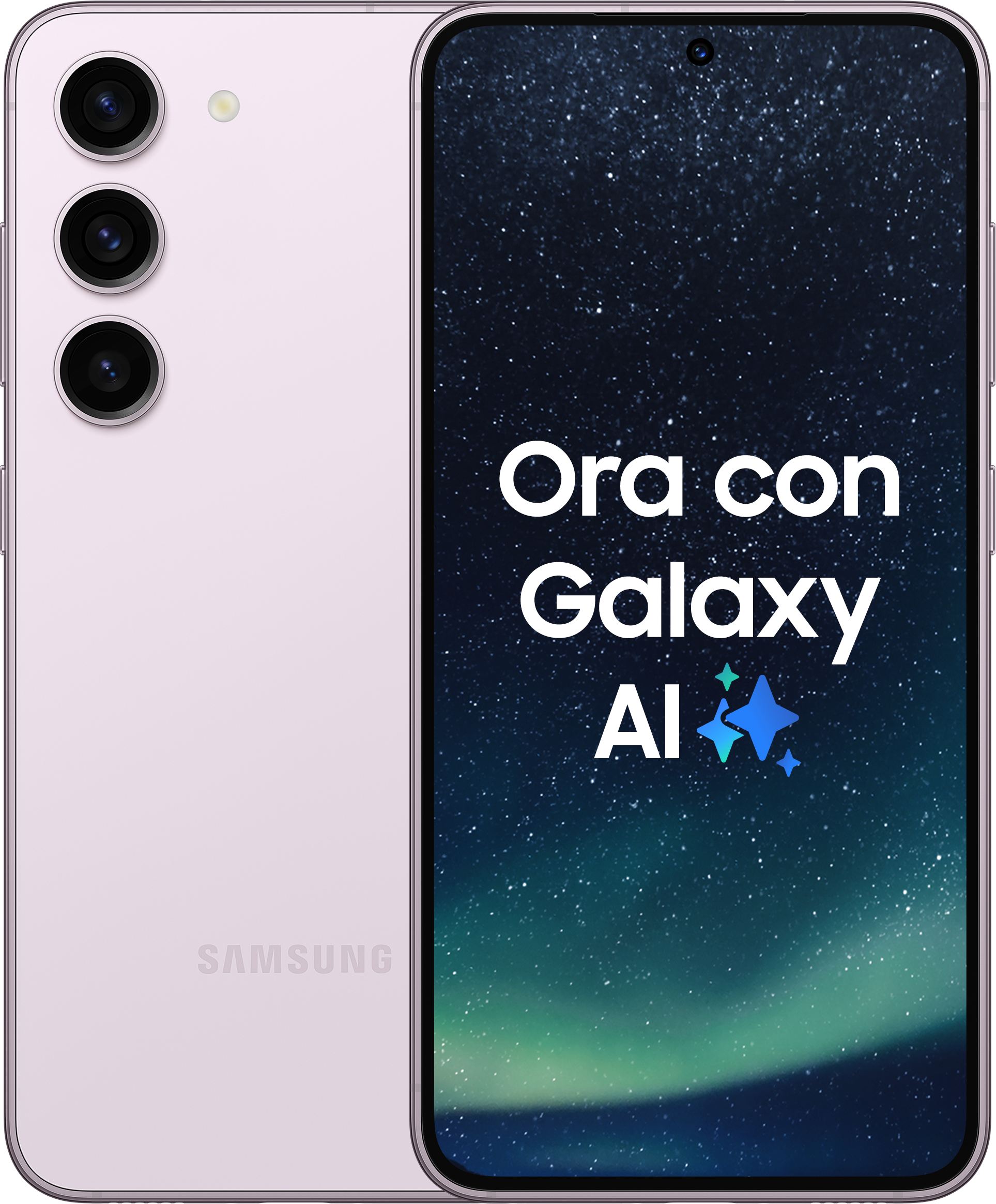 Ein lila Samsung-Telefon mit Text auf dem Bildschirm. Das Telefon befindet sich auf weißem Hintergrund.