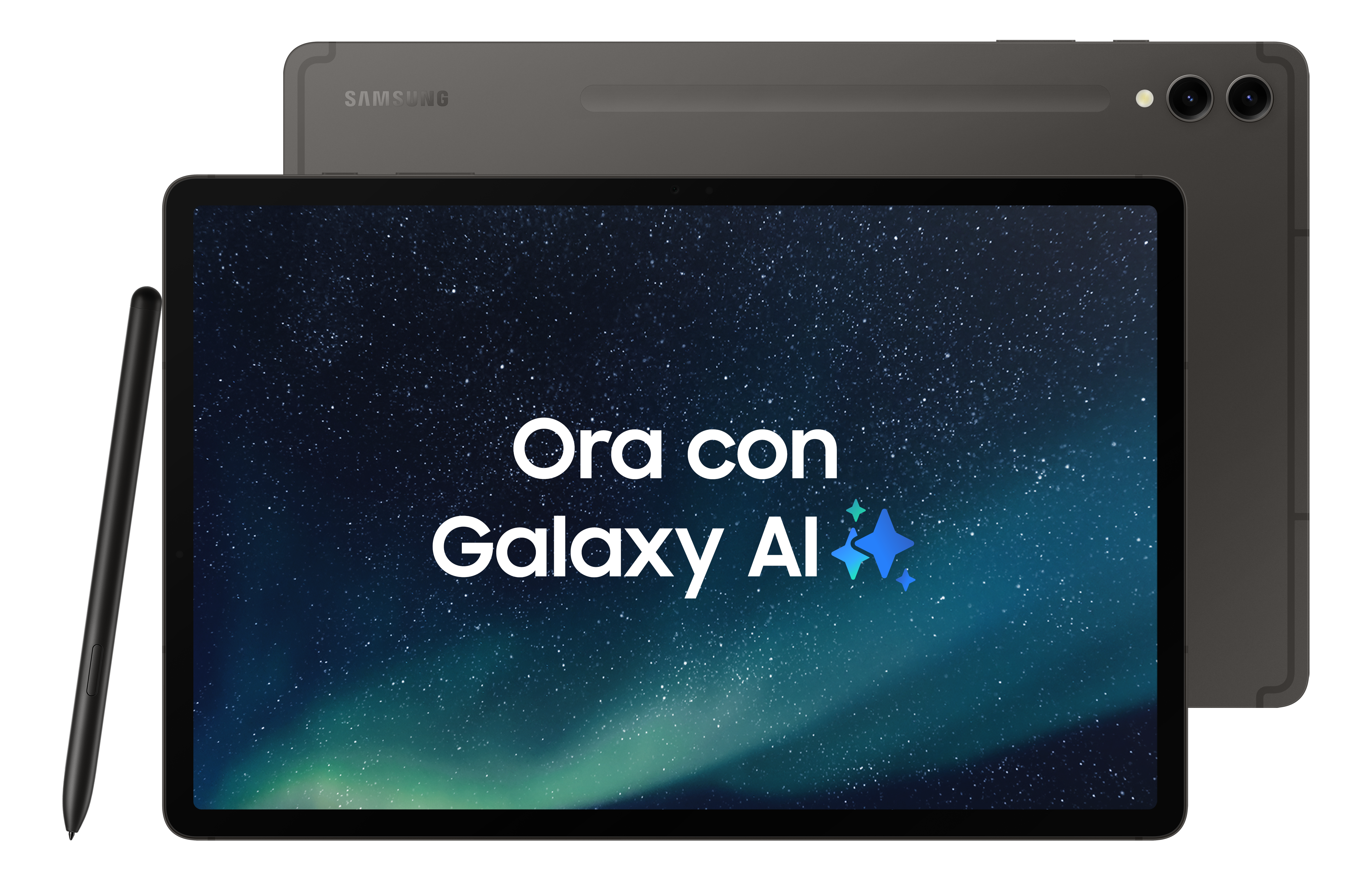 Ein Tablet mit dem Text 'Ora con Galaxy AI' auf dem Bildschirm, ein weiteres Tablet im Hintergrund.