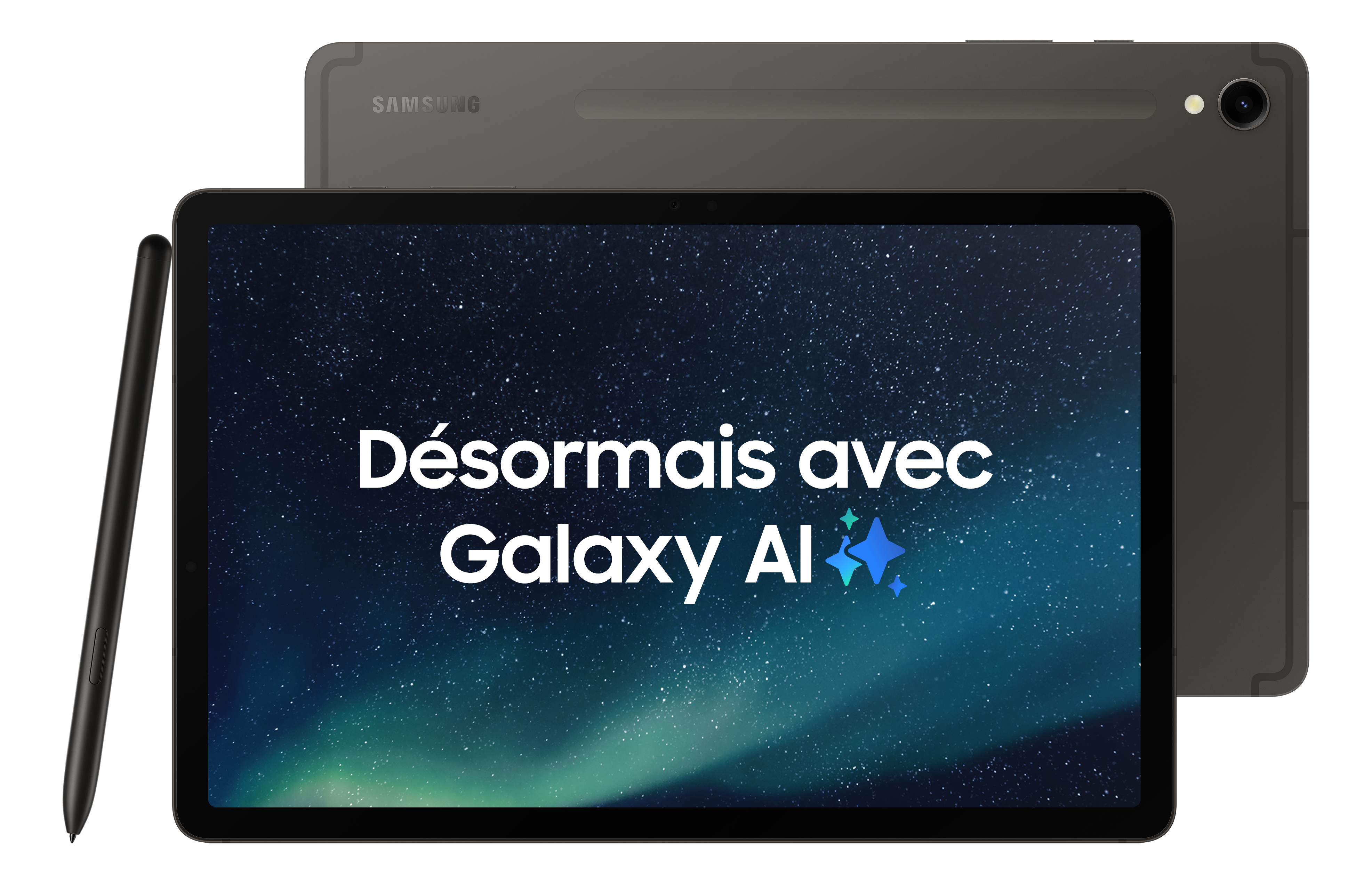 Tablette avec stylet. La tablette affiche le texte 'Désormais avec Galaxy AI'. Fond sombre.