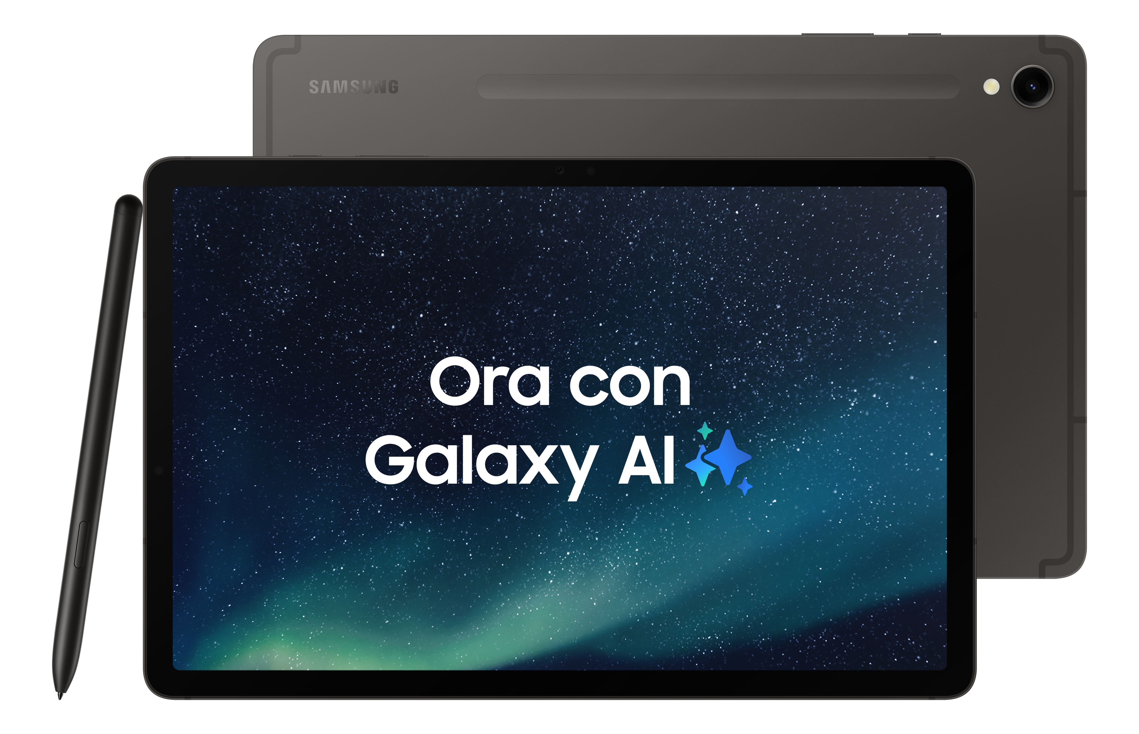 Tablette grise avec stylet. Texte à l'écran : 'Ora con Galaxy AI'.