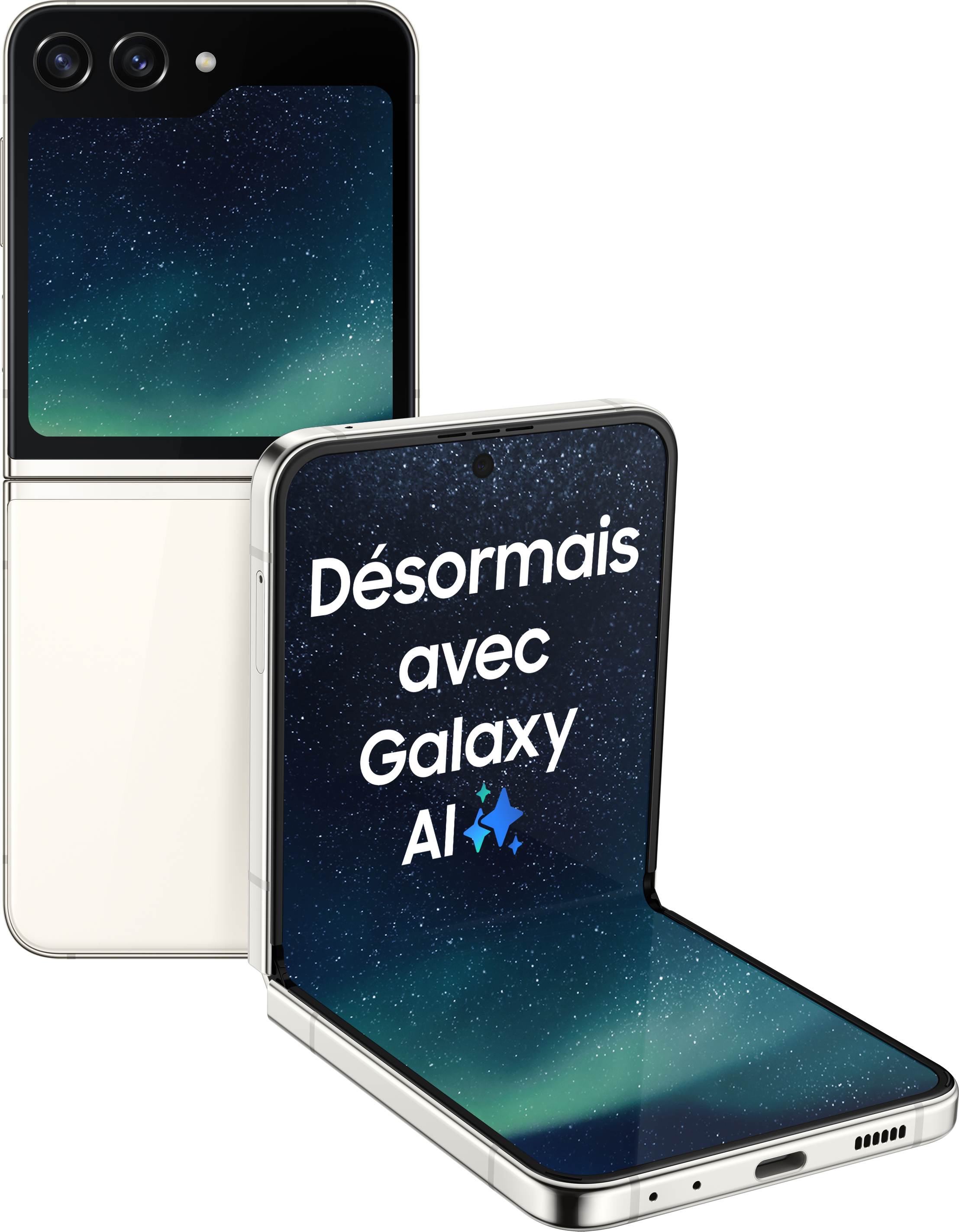 Ein Telefon mit faltbarem Bildschirmdesign, offen und geschlossen. Text: 'Désormais avec Galaxy AI'.