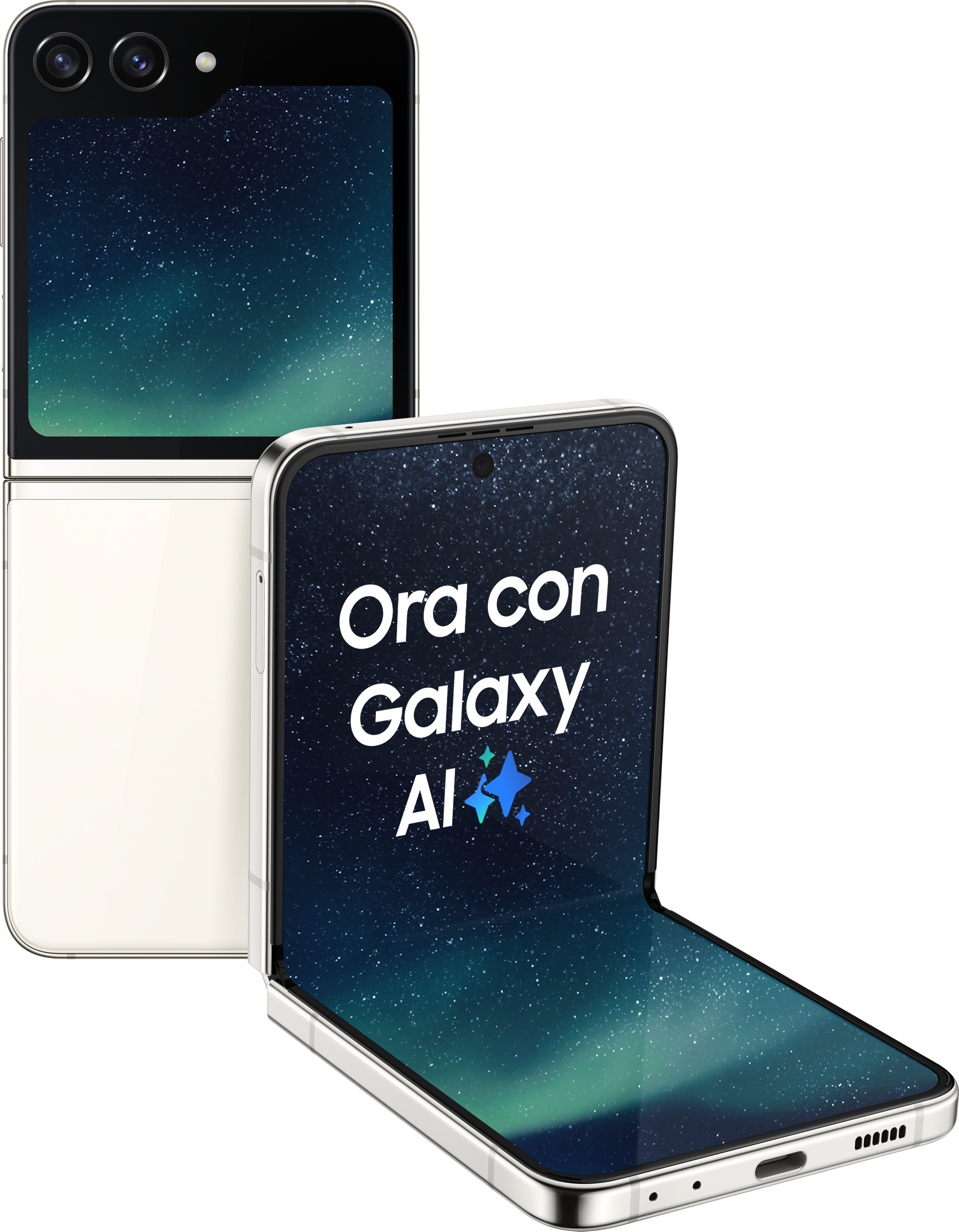 Zwei weiße und silberne Galaxy Z Flip-Telefone, eines geöffnet mit Sternenhimmel und Galaxy AI Text.