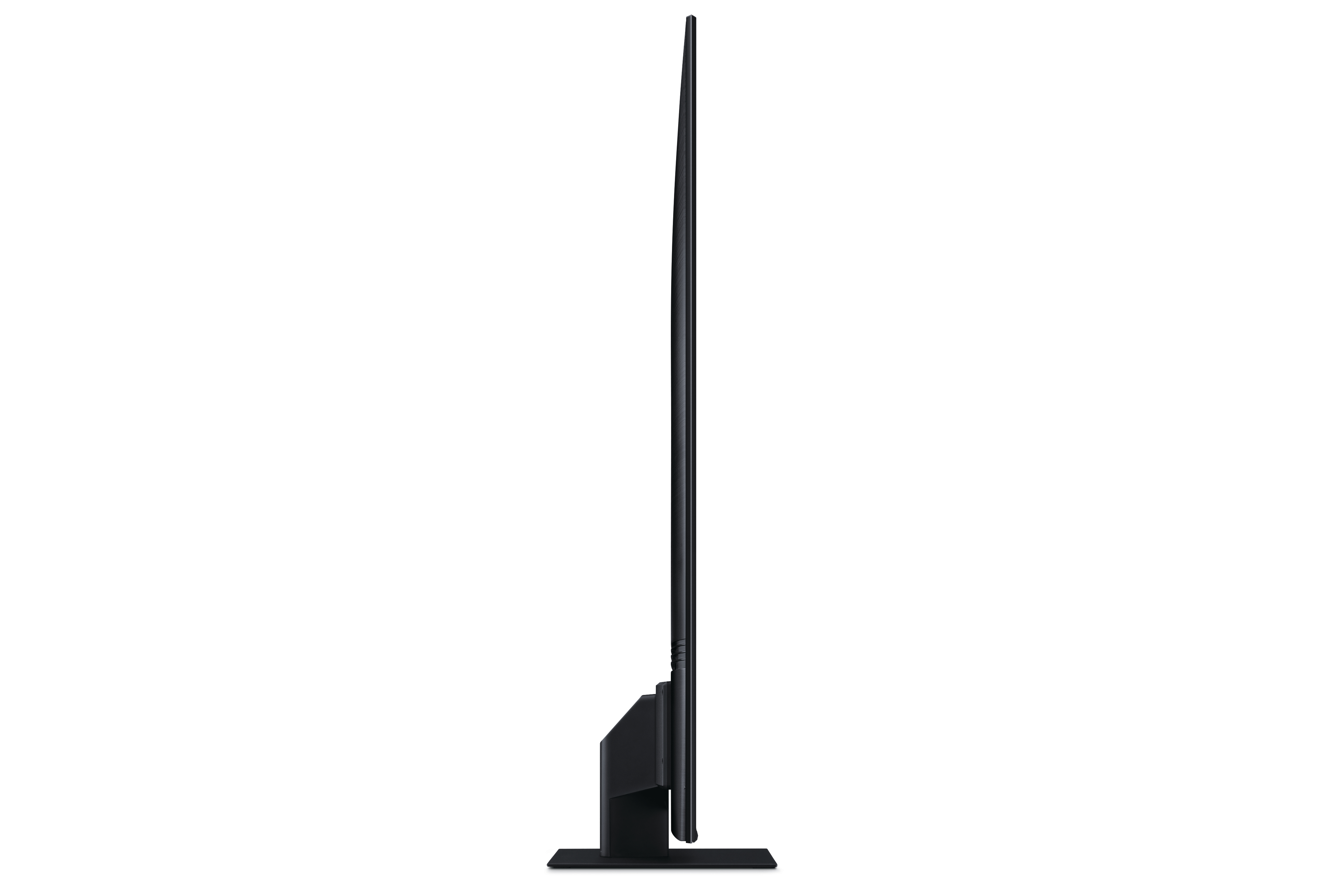 Ein dünner, schwarzer Samsung-Fernseher vor weißem Hintergrund, von der Seite betrachtet.