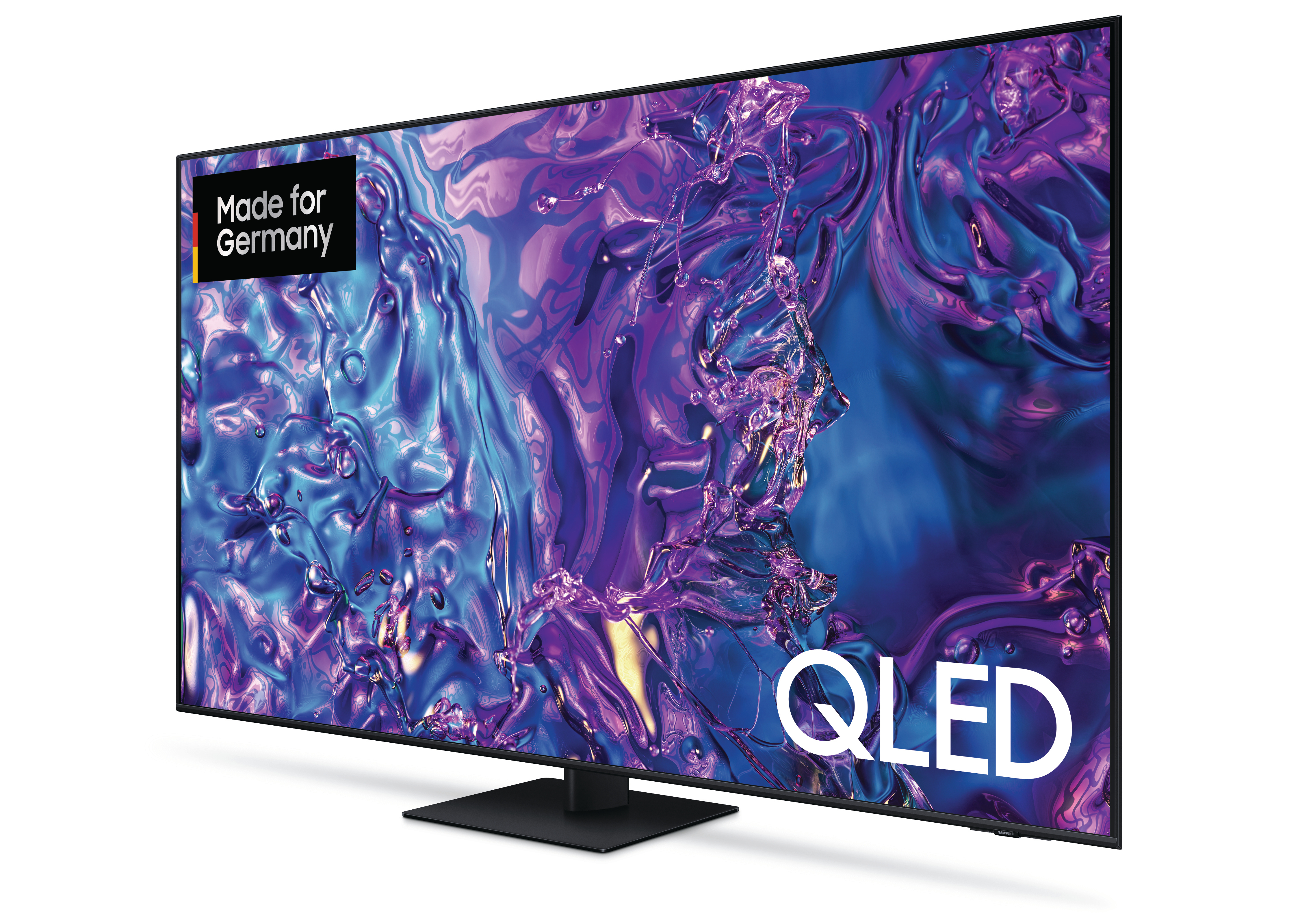 Ein großer schwarzer QLED-Fernseher, nach links geneigt. Er hat einen schwarzen Ständer und einen bunten Bildschirm.