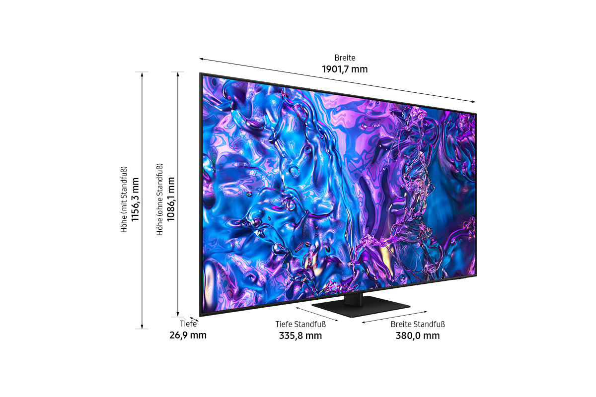 Ein großer schwarzer Fernseher mit Abmessungen. Der Bildschirm zeigt ein lila-blaues Bild.