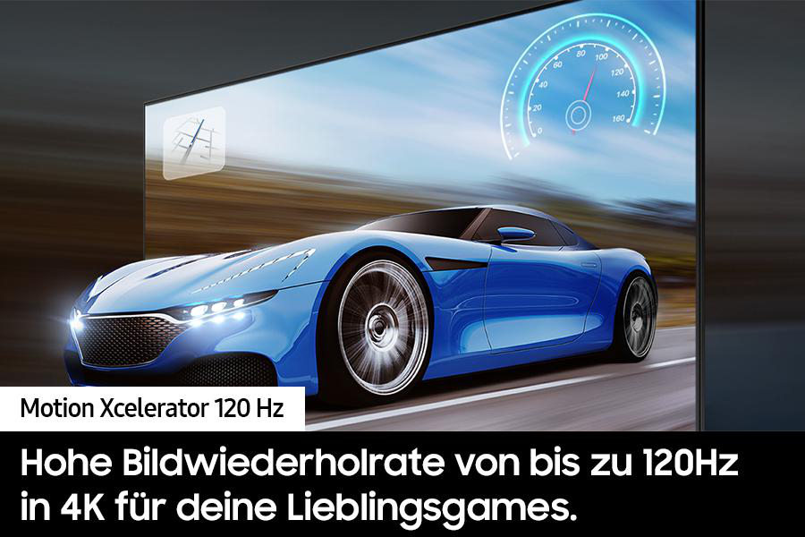 Ein Fernsehbildschirm mit einer Autorennenszene, mit Text: Motion Xcelerator 120 Hz.