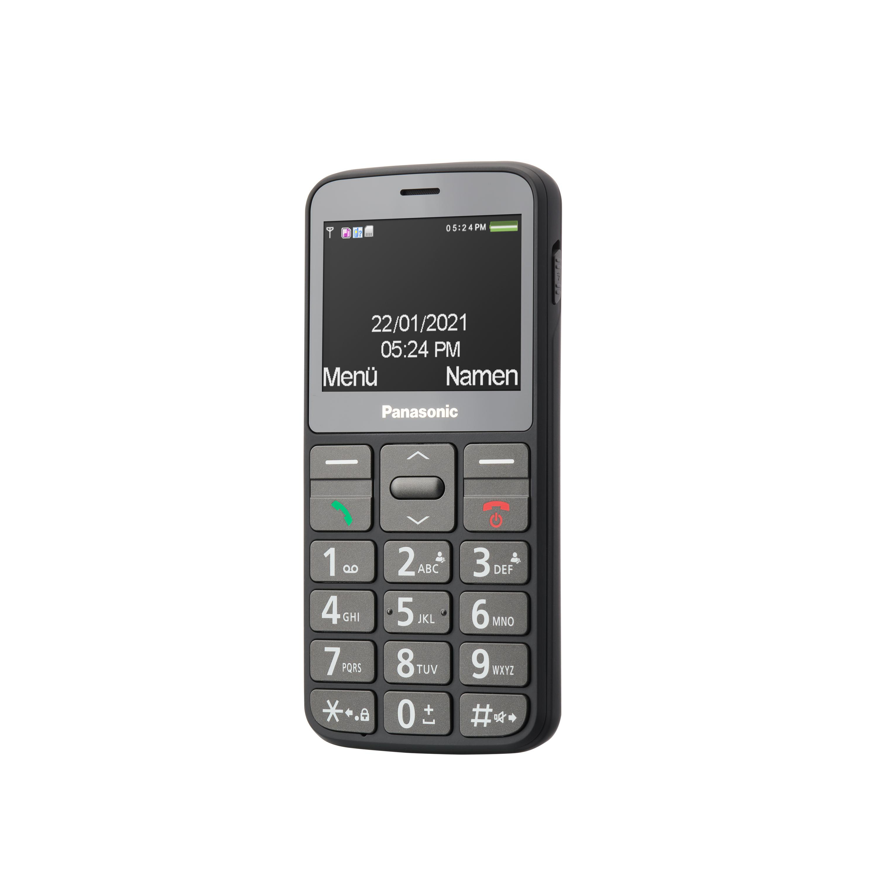 Ein schwarz-graues Panasonic-Mobiltelefon mit großen Tasten und Display.