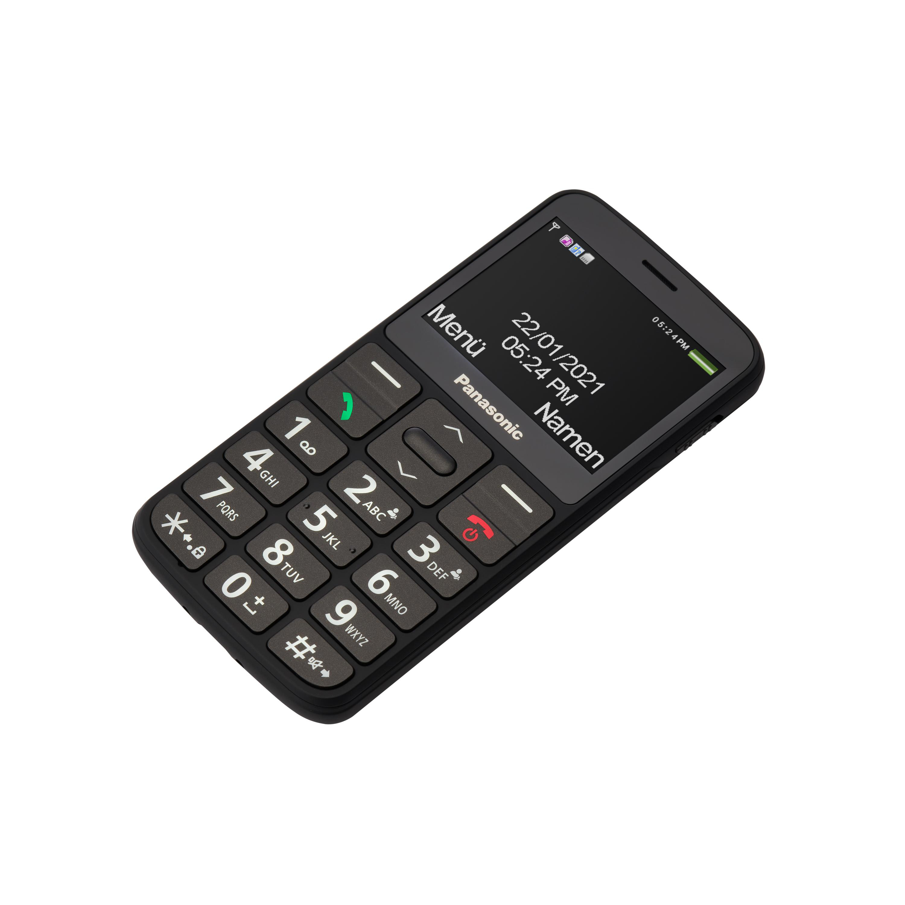 Schwarzes Mobiltelefon mit großen Tasten. Bildschirm zeigt Datum und Uhrzeit.