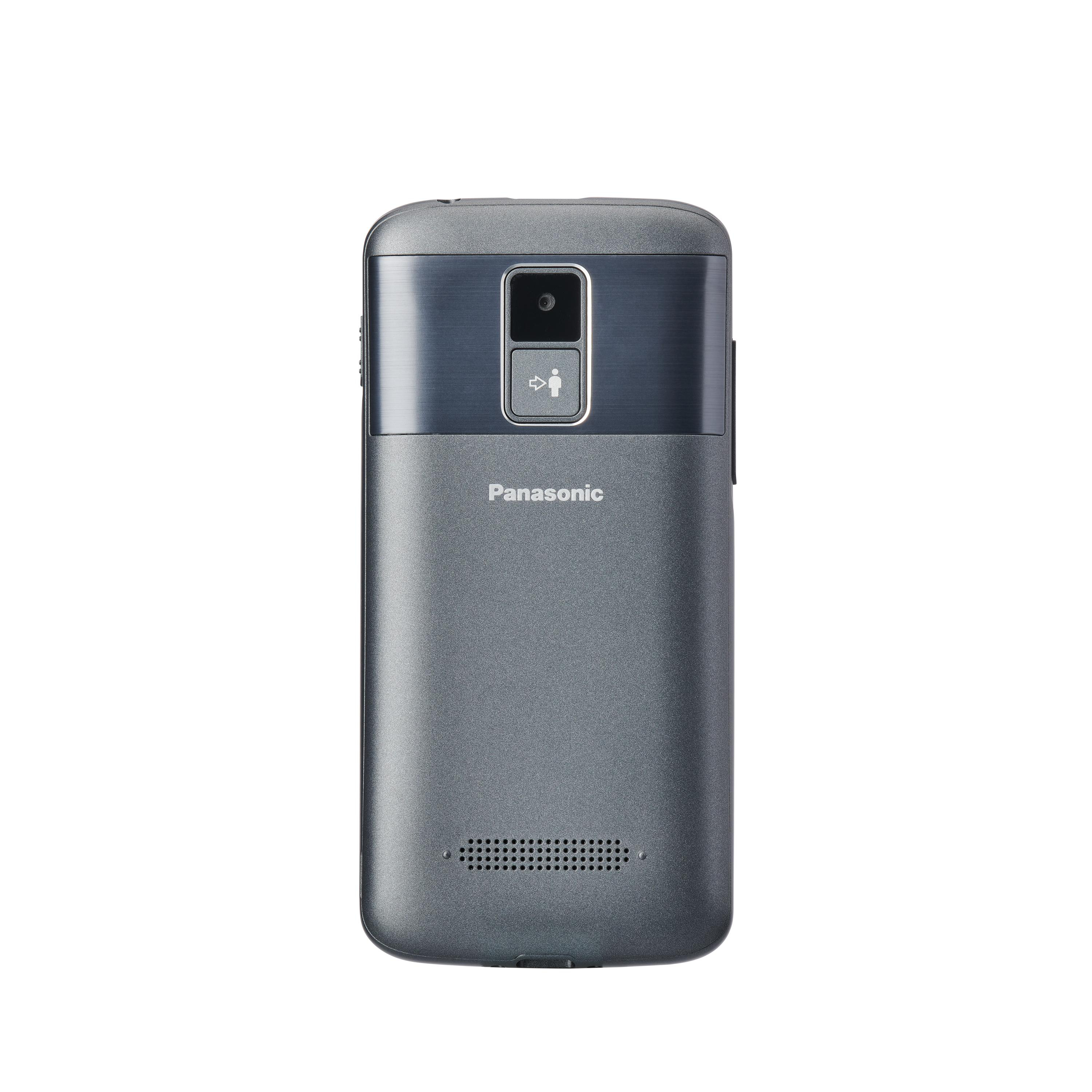 Graues Panasonic-Telefon, Rückansicht. Es hat Kamera, Knöpfe und Lautsprecherlöcher.