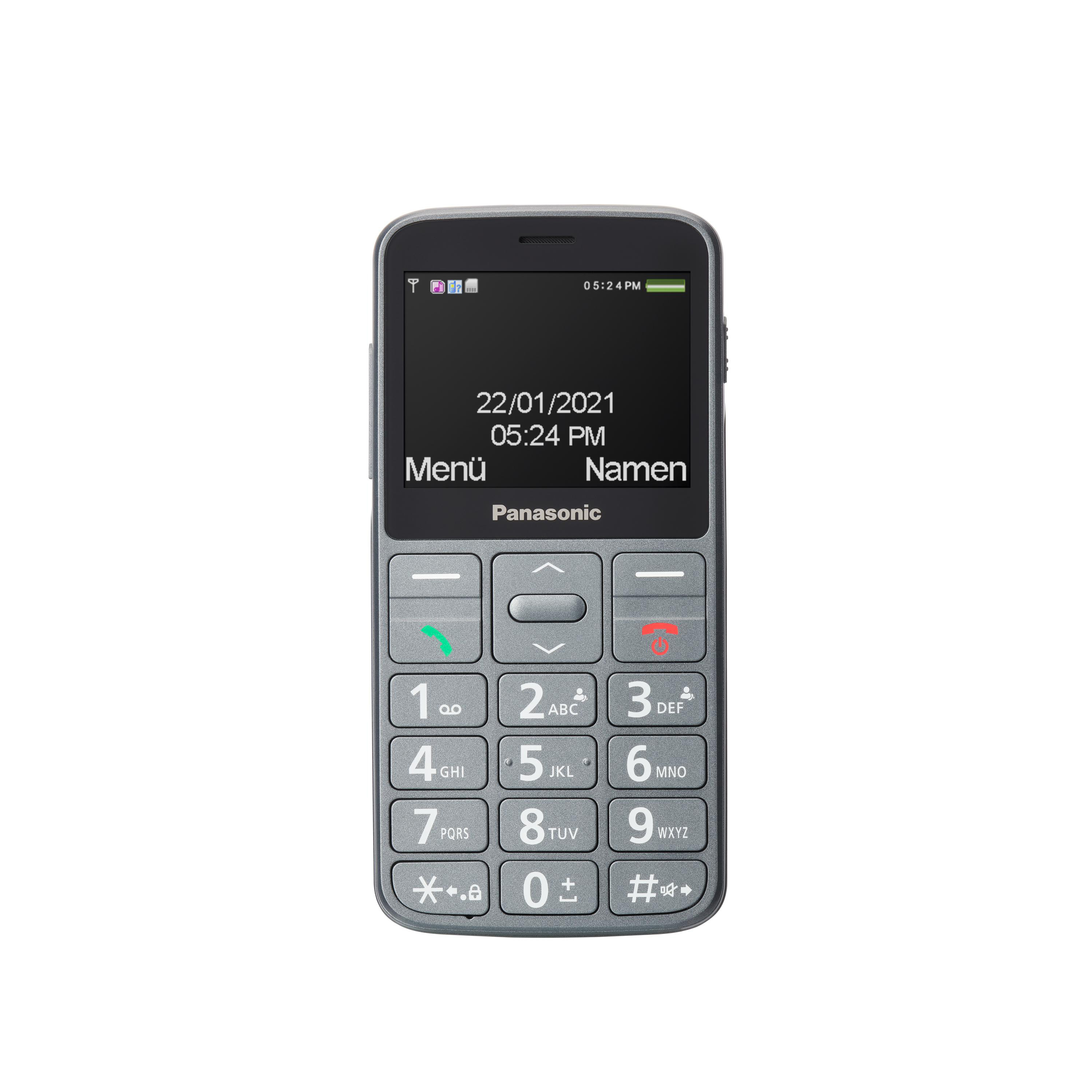 Graues Panasonic-Mobiltelefon mit Tasten und einem Bildschirm mit Datum und Uhrzeit.