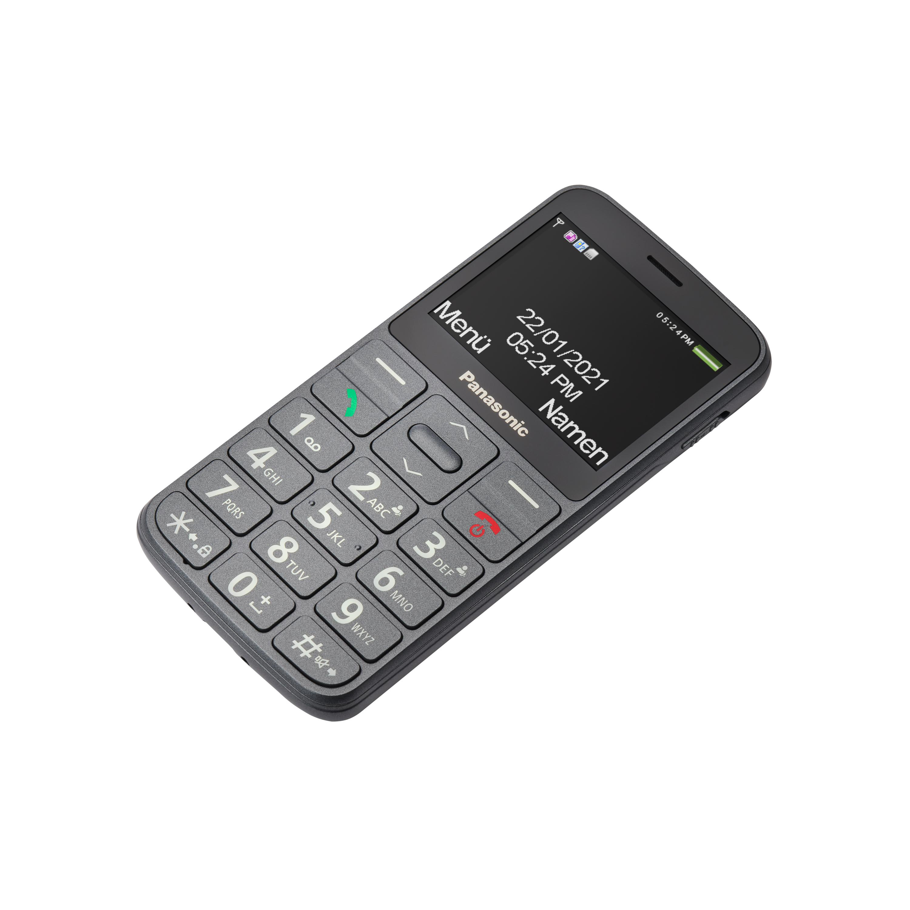 Ein schwarzes Panasonic-Telefon mit großem Tastenlayout und übersichtlichem Display.