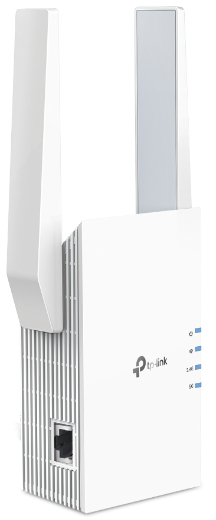 Fehér TP-Link WiFi jelerősítő két antennával. Van rajta jelzőfény és Ethernet port.