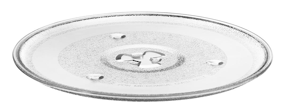 Eine klare Mikrowellenteller aus Glas mit strukturierter Oberfläche und glatter Mitte. Der Teller hat drei kleine Löcher und eine zentrale Nabe.