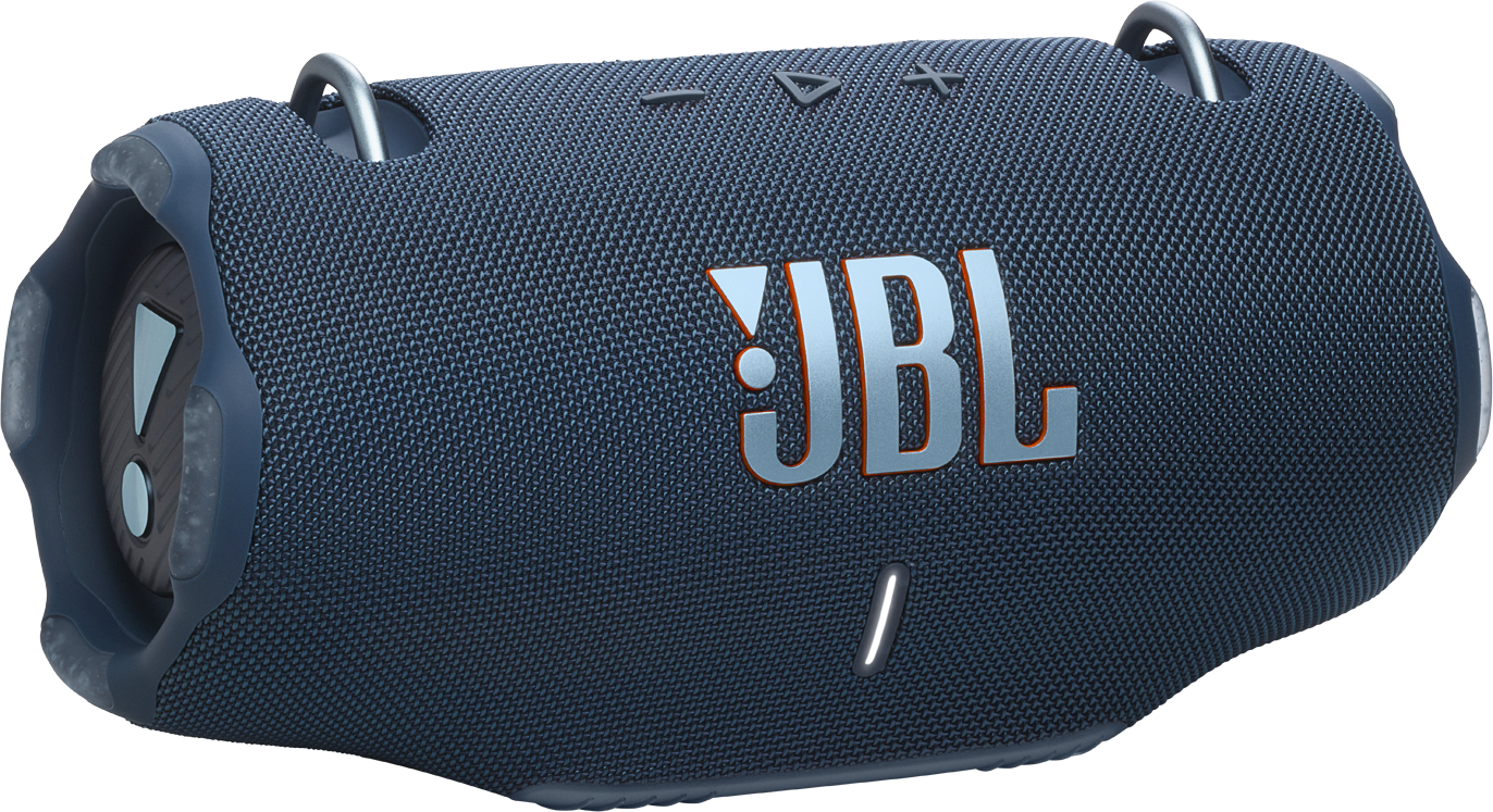 Egy kék JBL Xtreme 3 hangszóró, JBL logóval és ezüst akasztókkal a tetején.