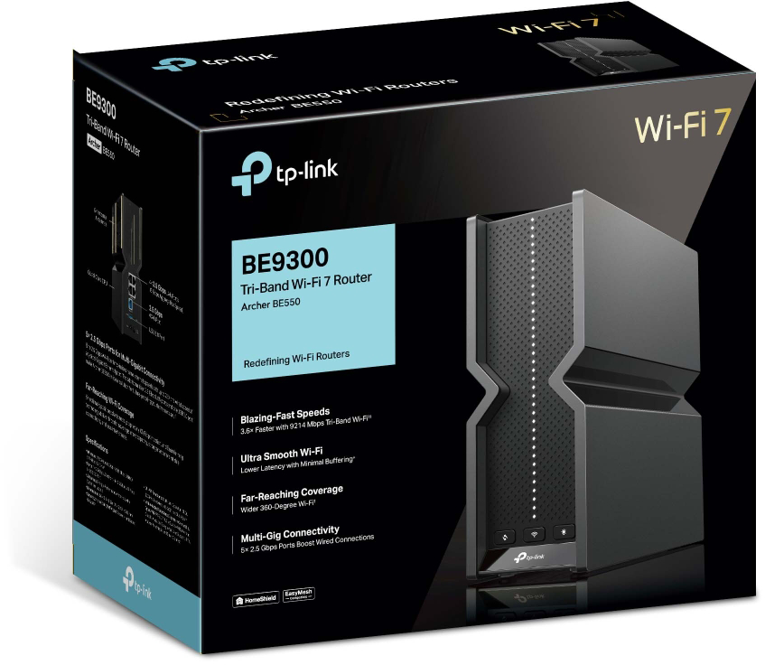 Egy fekete-fehér doboz egy Wi-Fi 7 routerről, a router képével a jobb oldalon.