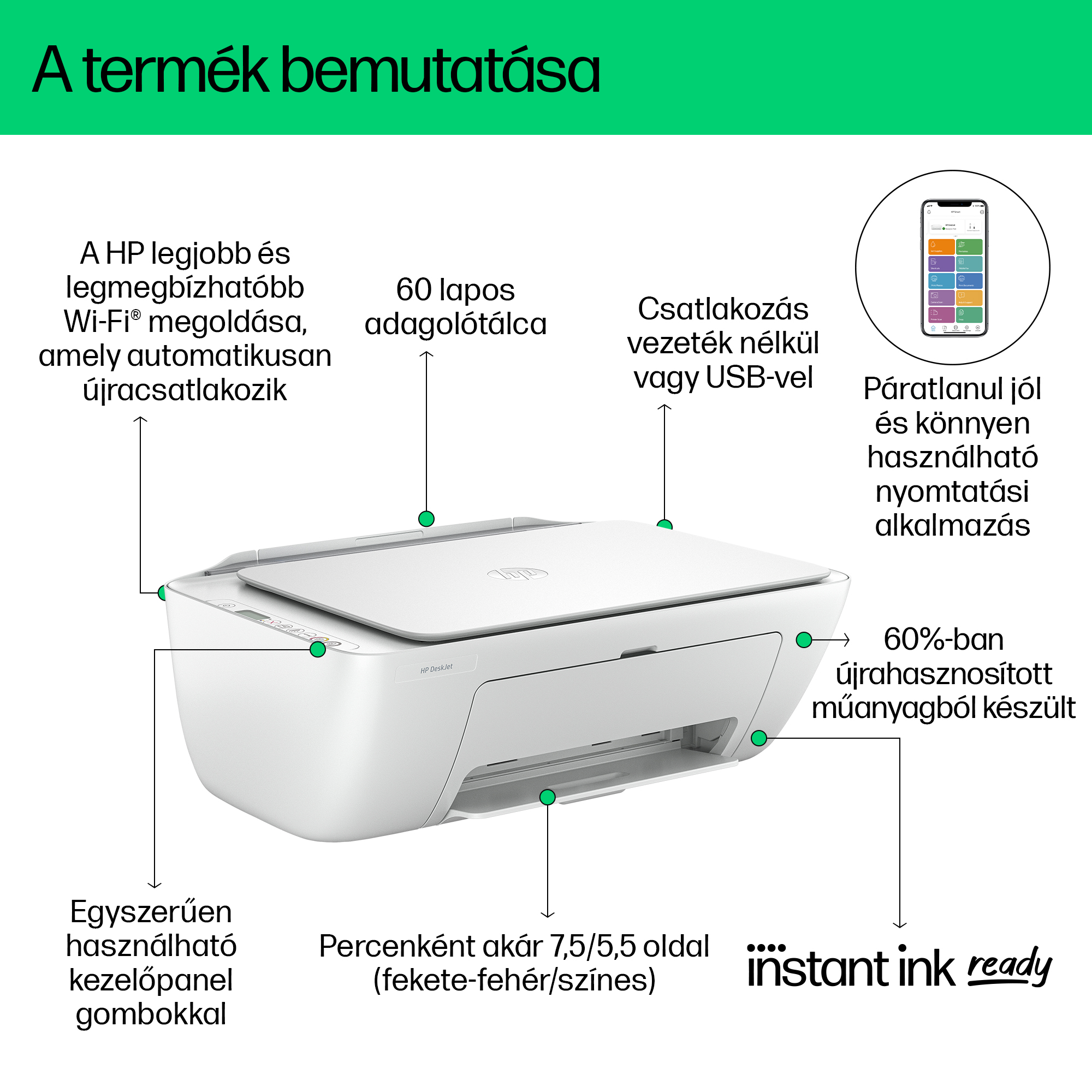 Fehér HP nyomtató, funkciókat jelző feliratokkal. Szöveg magyarul.