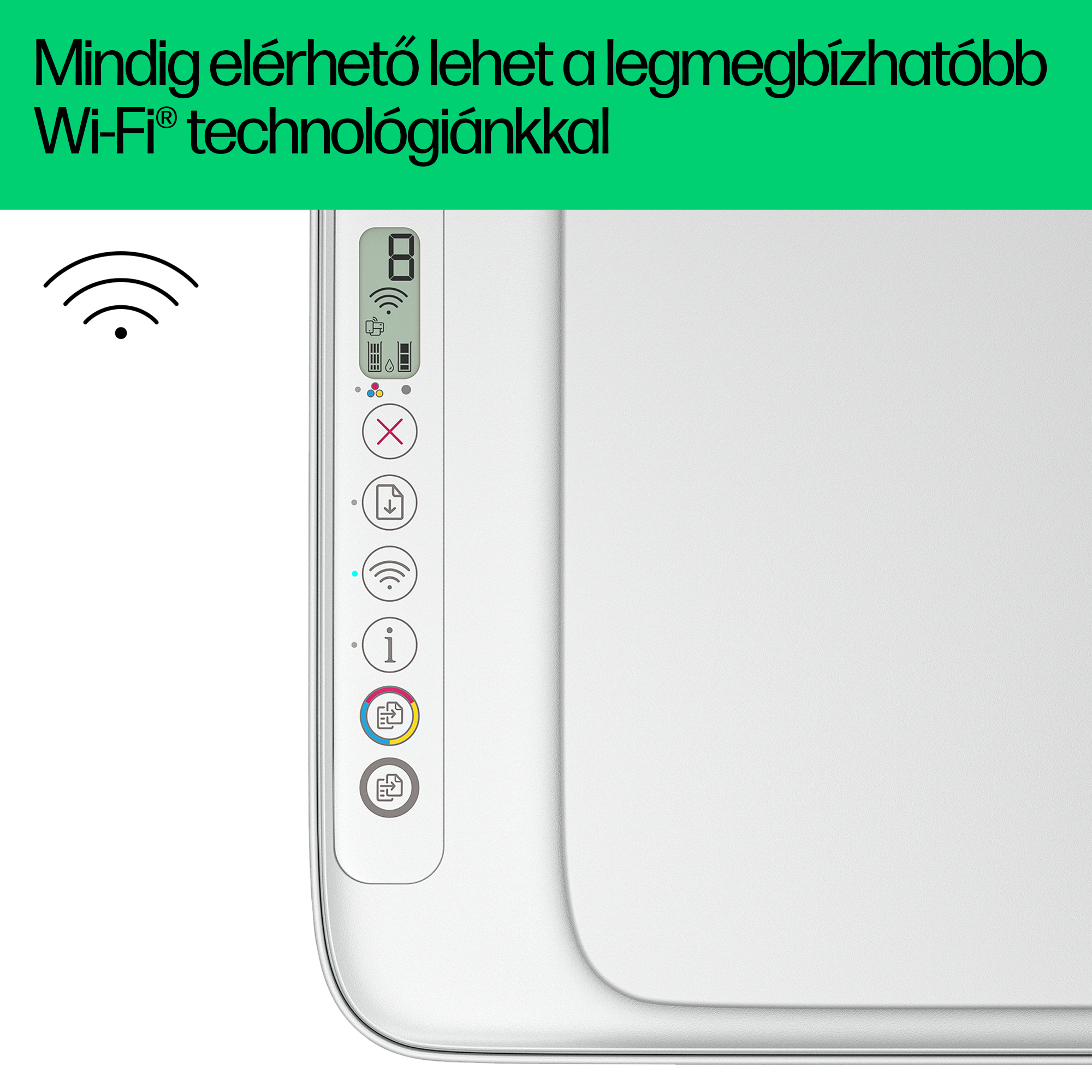 Fehér nyomtató kijelzővel és funkciógombokkal, felirat a tetején.