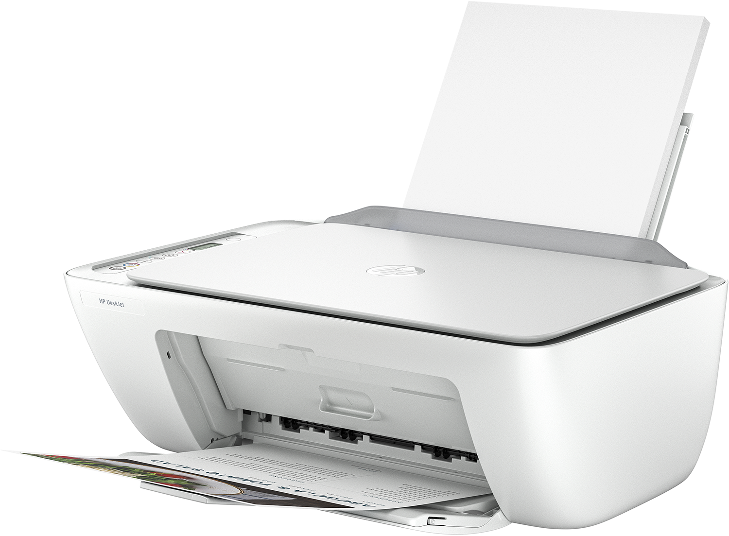 Fehér HP DeskJet nyomtató papírral a tálcában. A nyomtató fehér háttérrel.