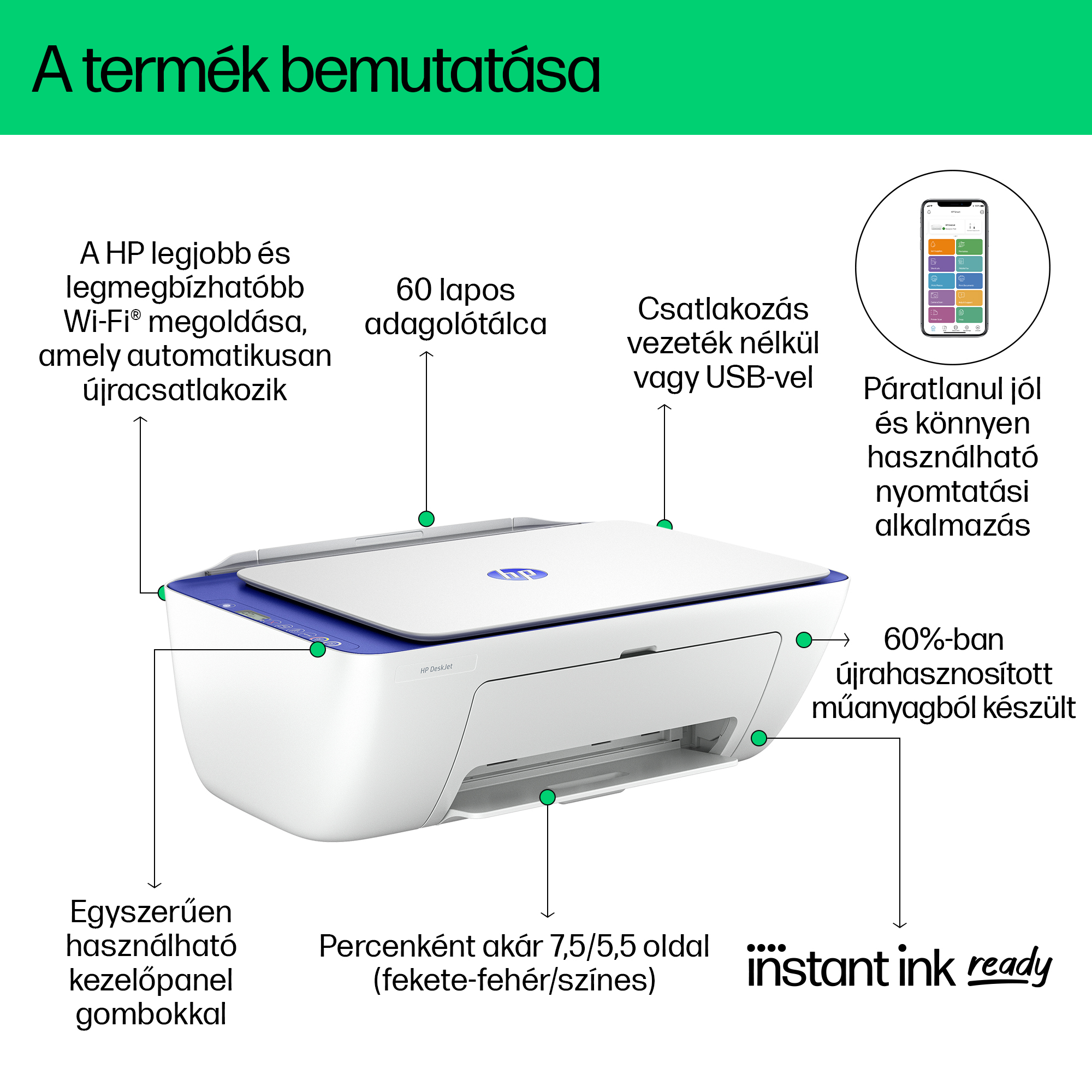 Fehér-kék HP nyomtató kiemelt funkciókkal.