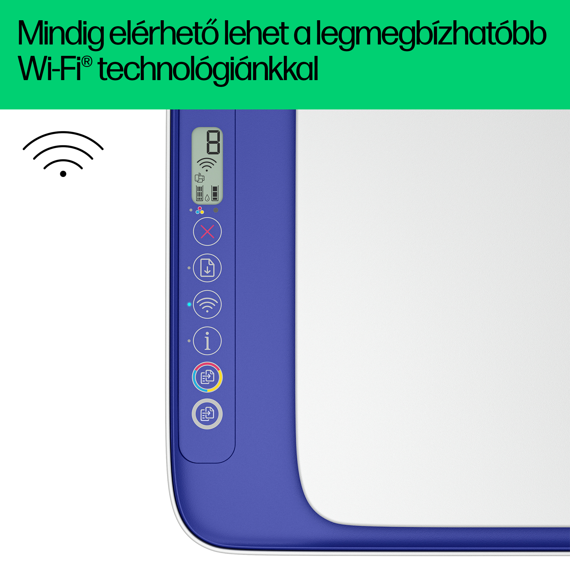 Fehér nyomtató kék vezérlőpanellel és Wi-Fi szimbólummal.